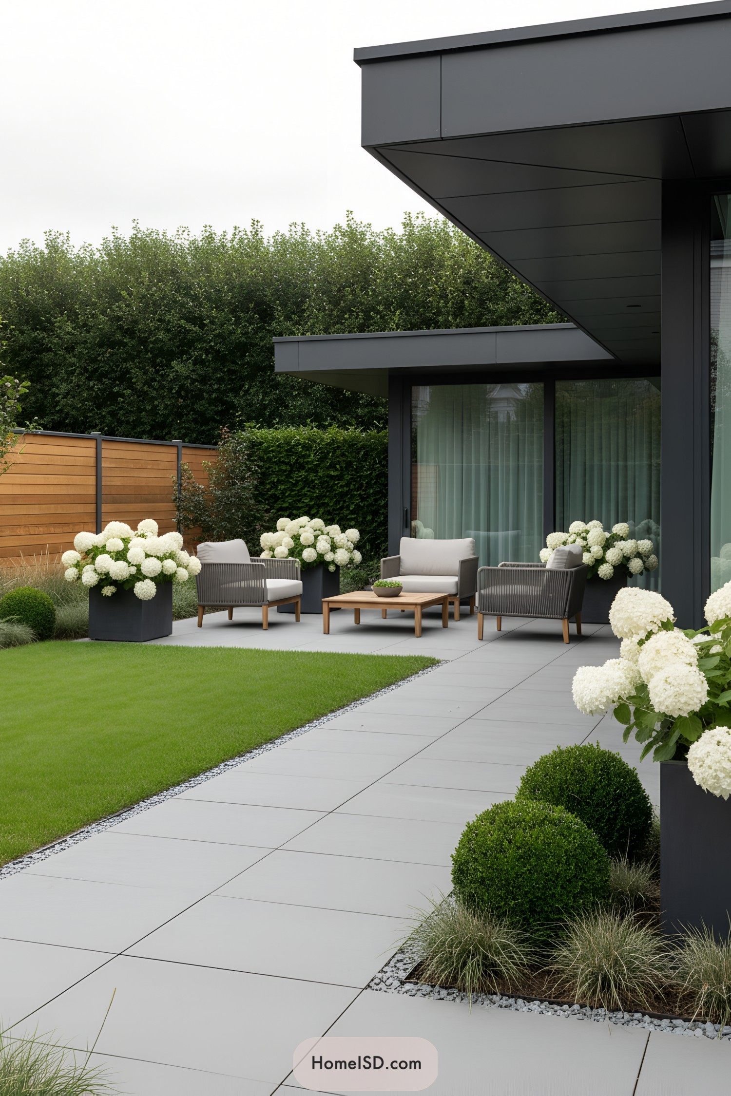 Modern gray patio with lounge seating, manicured lawn, and white hydrangeas in planters