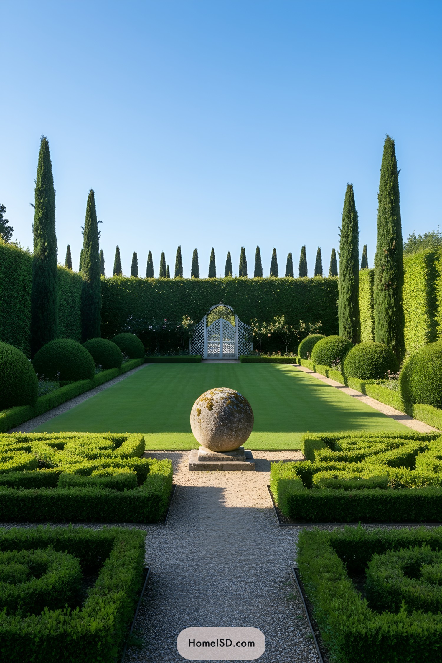 Formal garden with central stone sphere and tall cypress trees