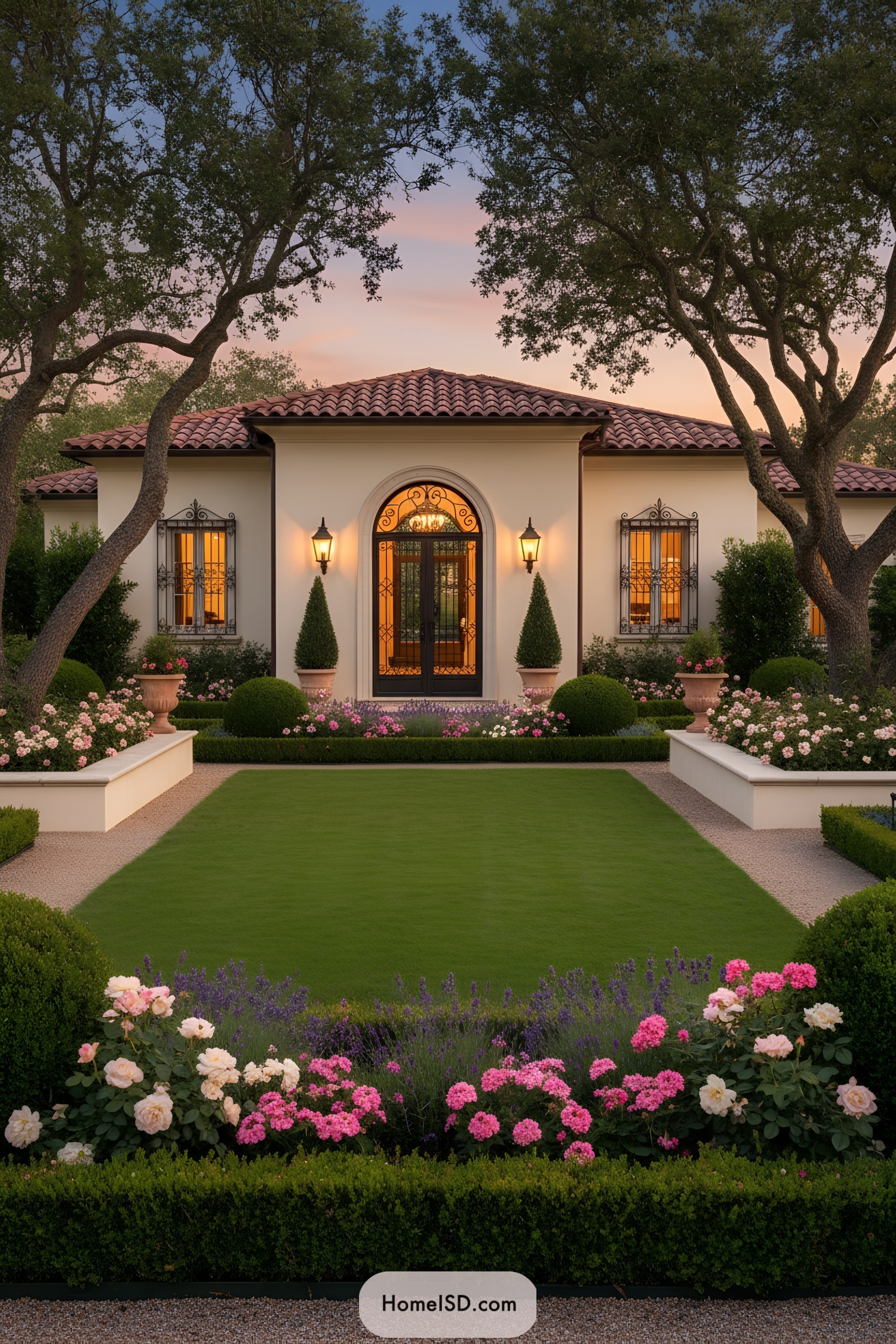 Mediterranean-style villa front garden with roses