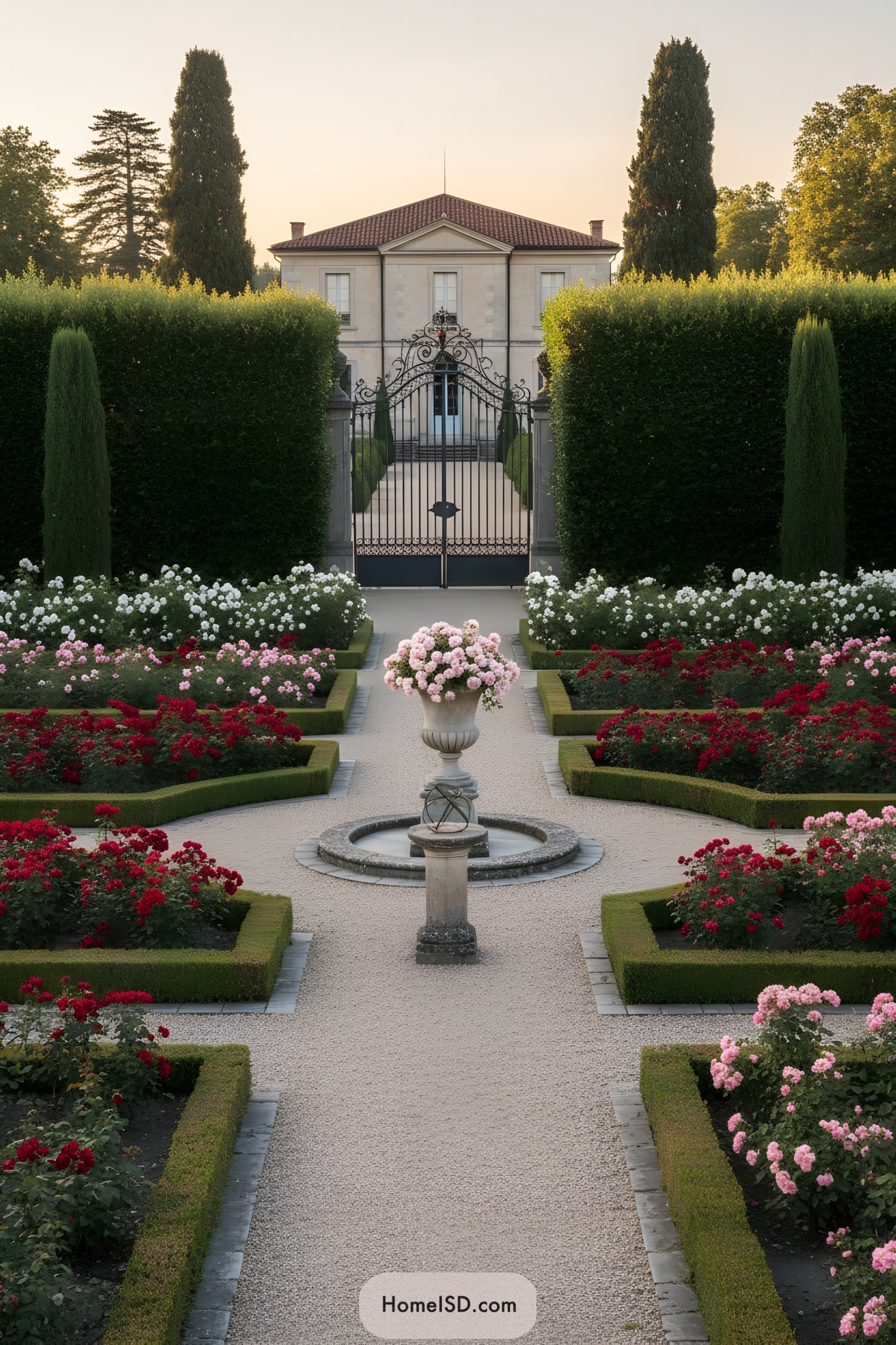 Formal rose parterre leading to gated manor