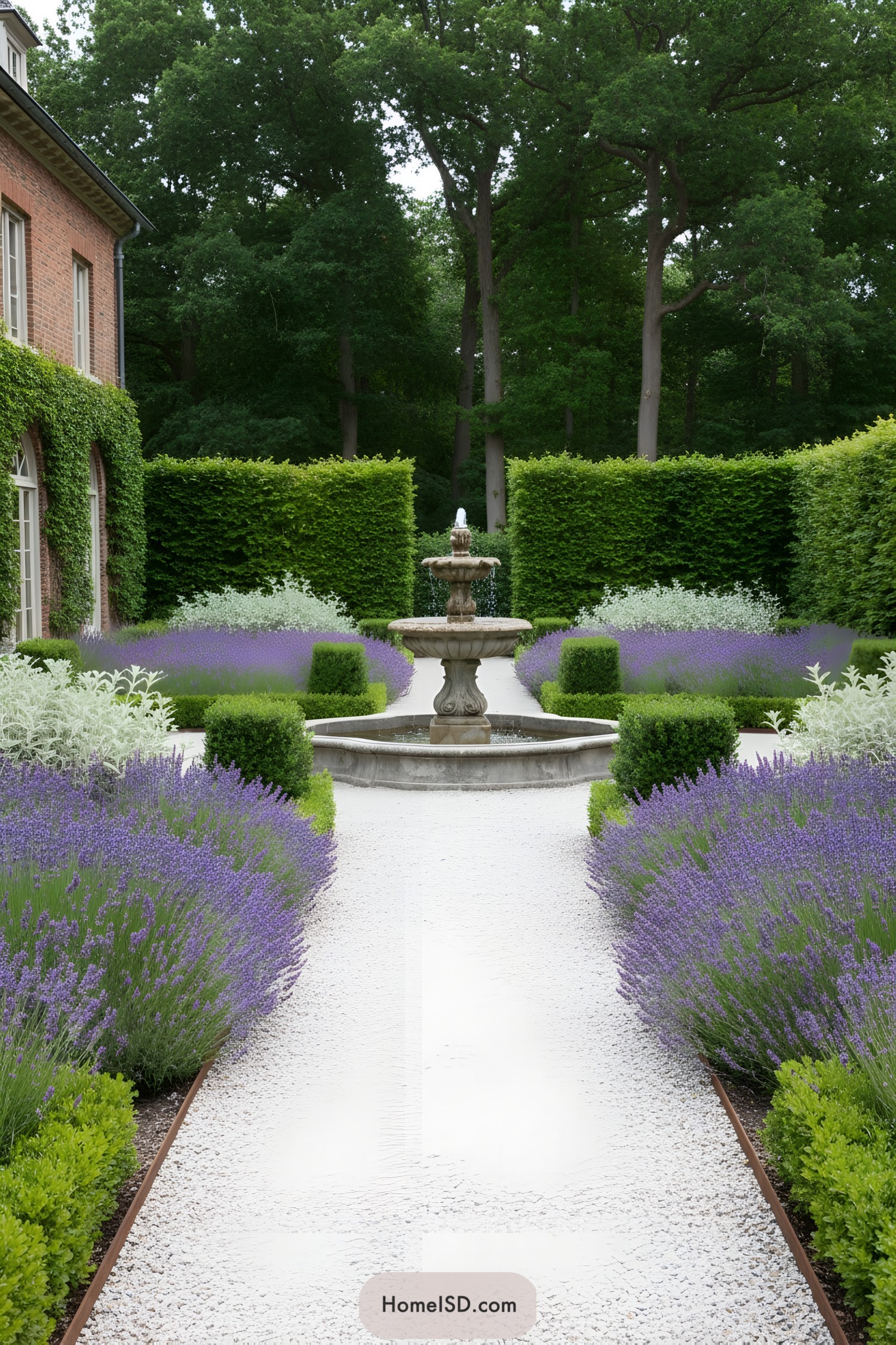 Formal garden courtyard with lavender borders and central stone fountain