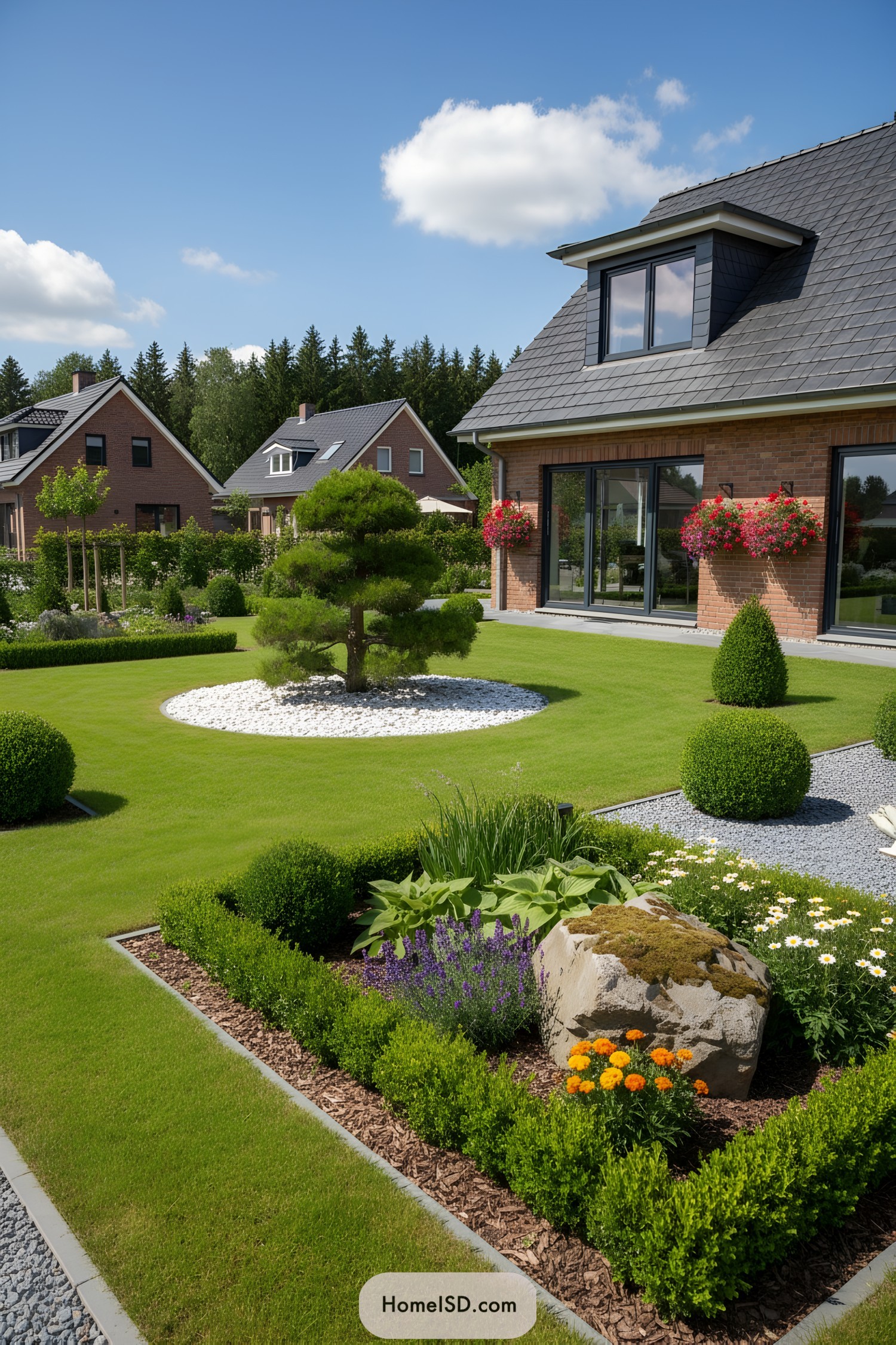 Modern suburban yard with sculpted lawn and focal trees