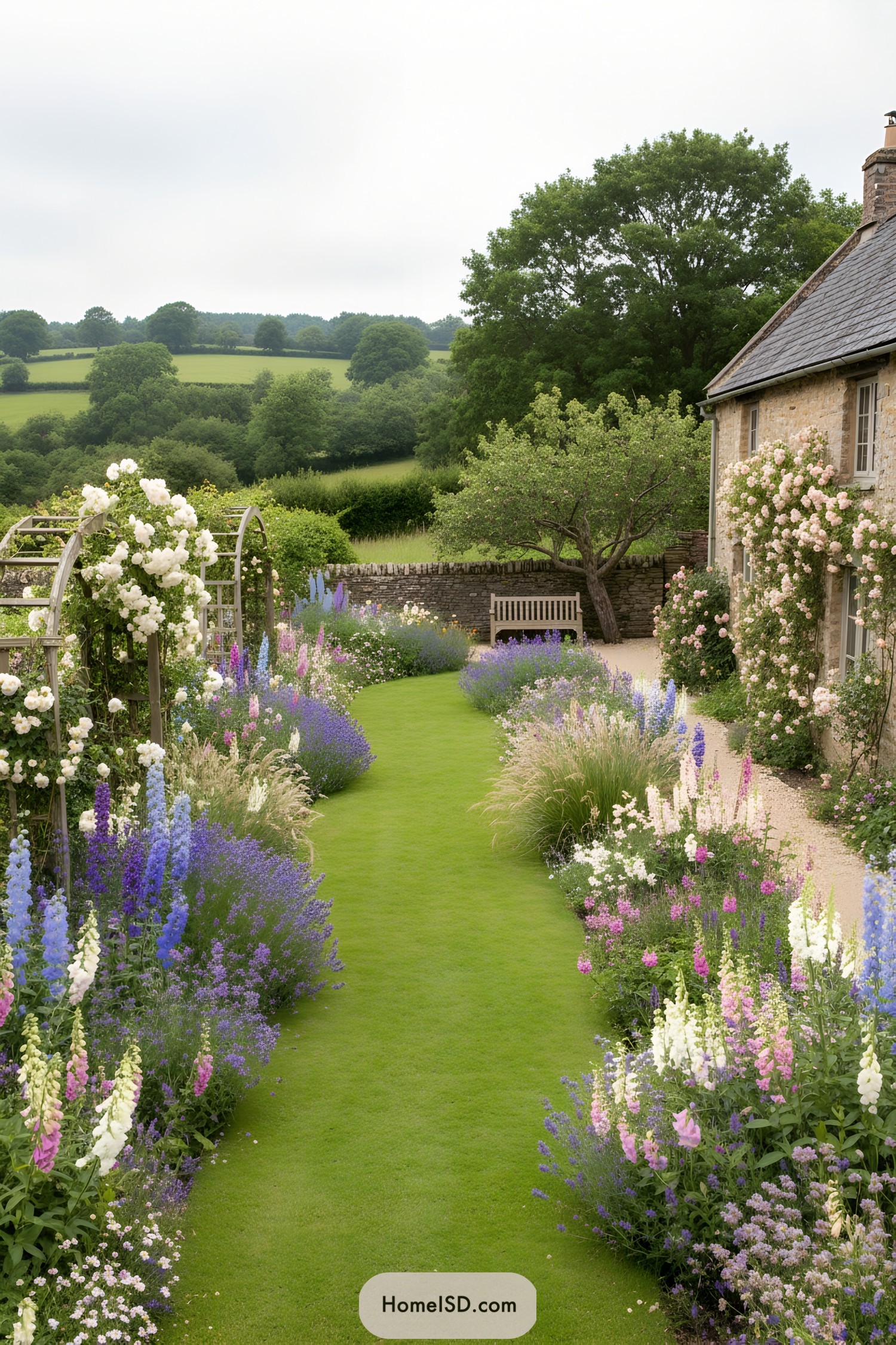 Cottage garden with lawn path and flower borders