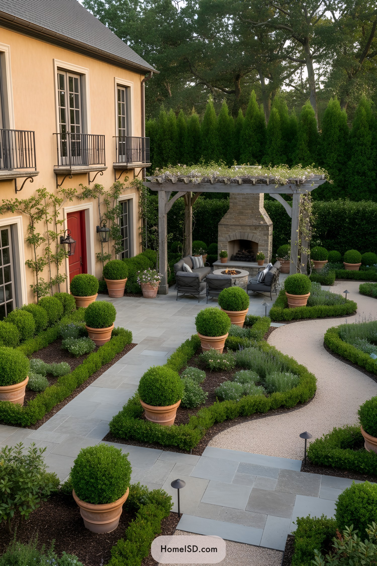 Formal courtyard with potted boxwoods and pergola fireplace