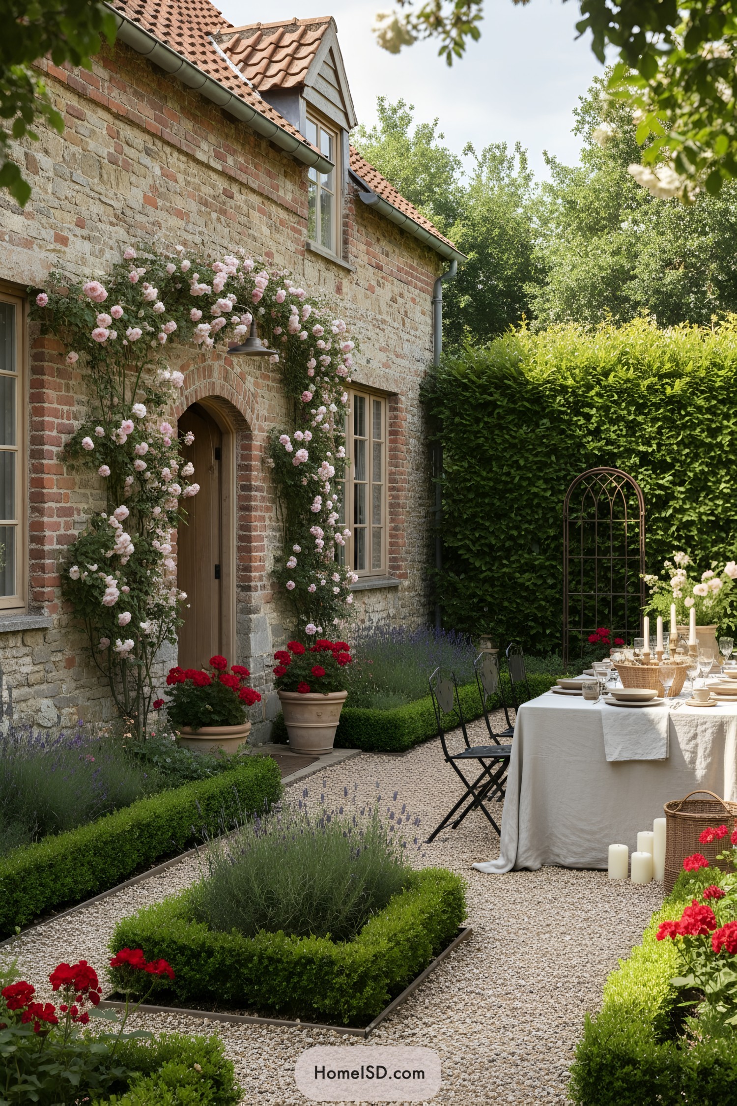 Brick cottage courtyard with climbing roses, boxwood beds, and outdoor dining table