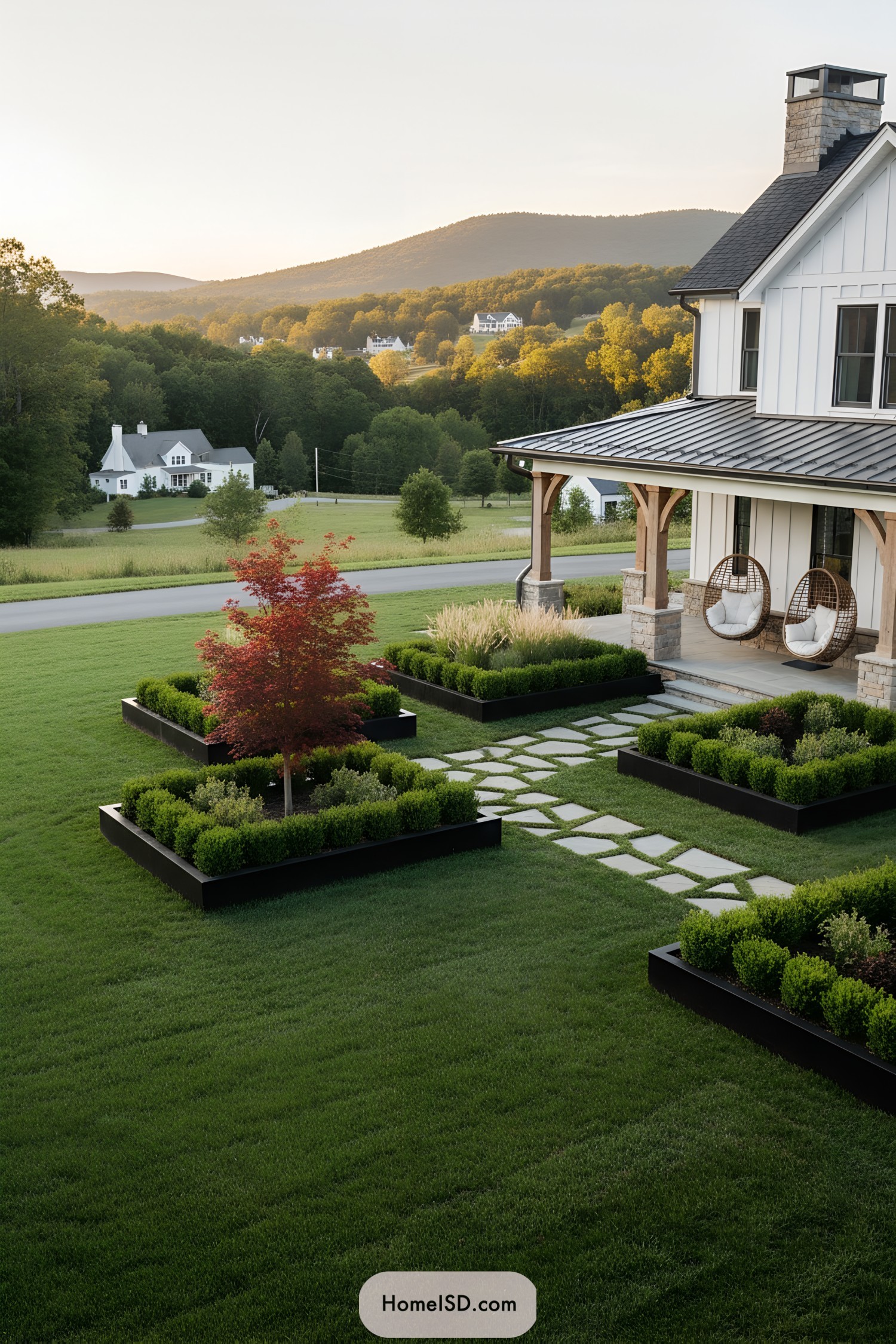 Modern farmhouse front yard with crisp box planters and a stepping stone path leading to a porch