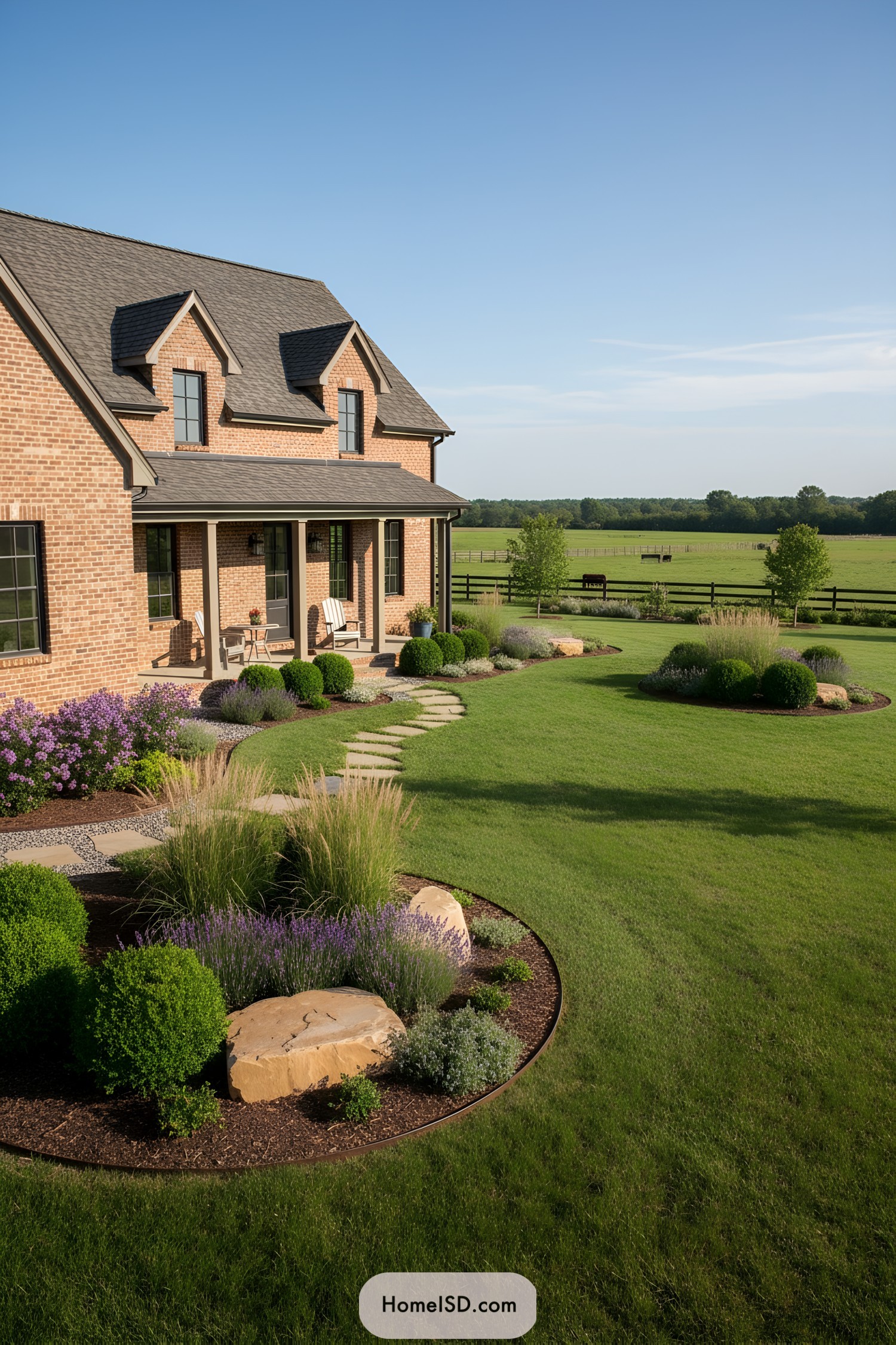 Brick farmhouse with curved landscaped front yard