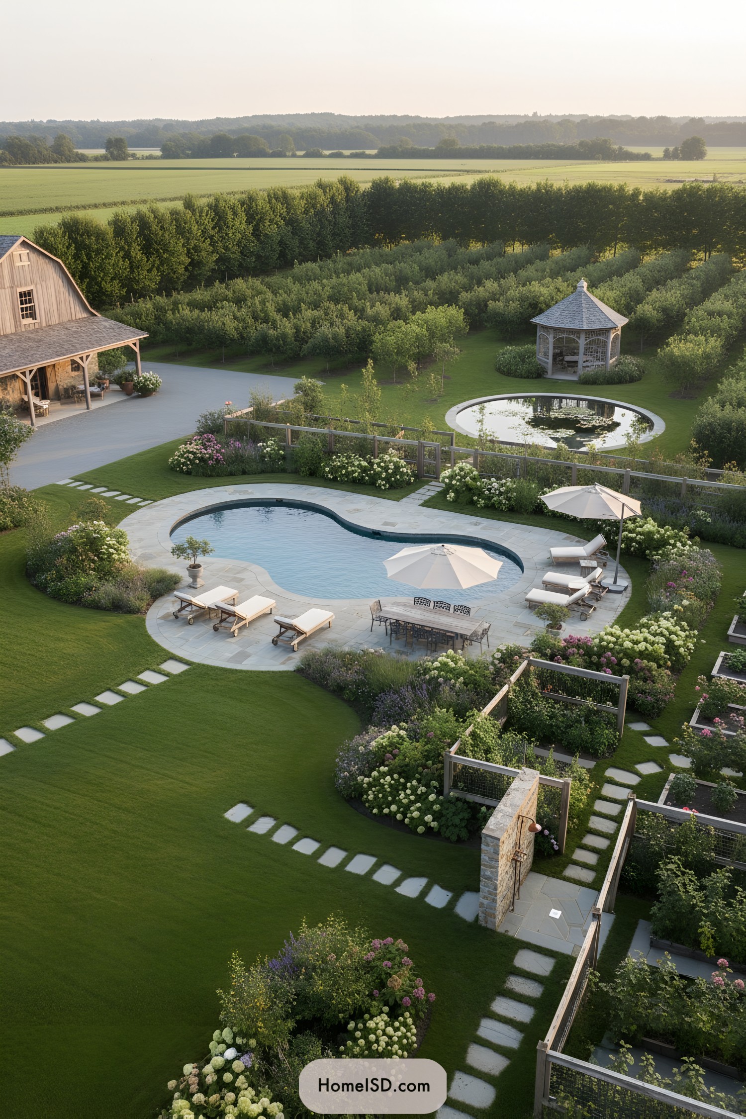 Farmhouse pool garden with gazebo and lily pond