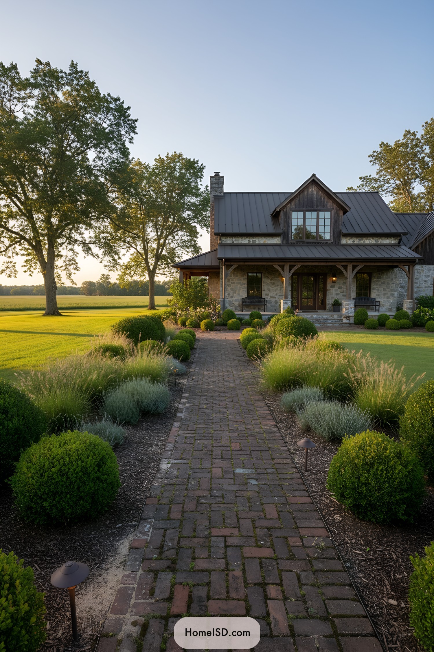 Brick path lined with low shrubs leading to a stone farmhouse