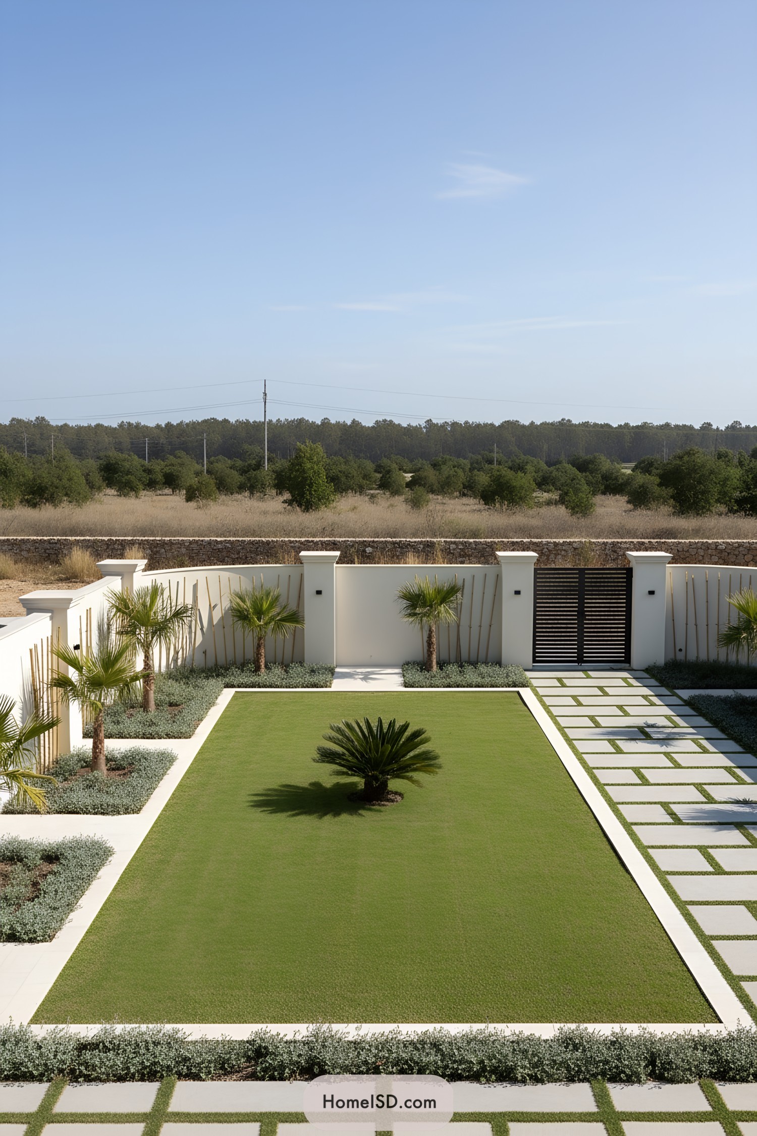 Minimalist walled courtyard with central palm lawn and geometric paver path