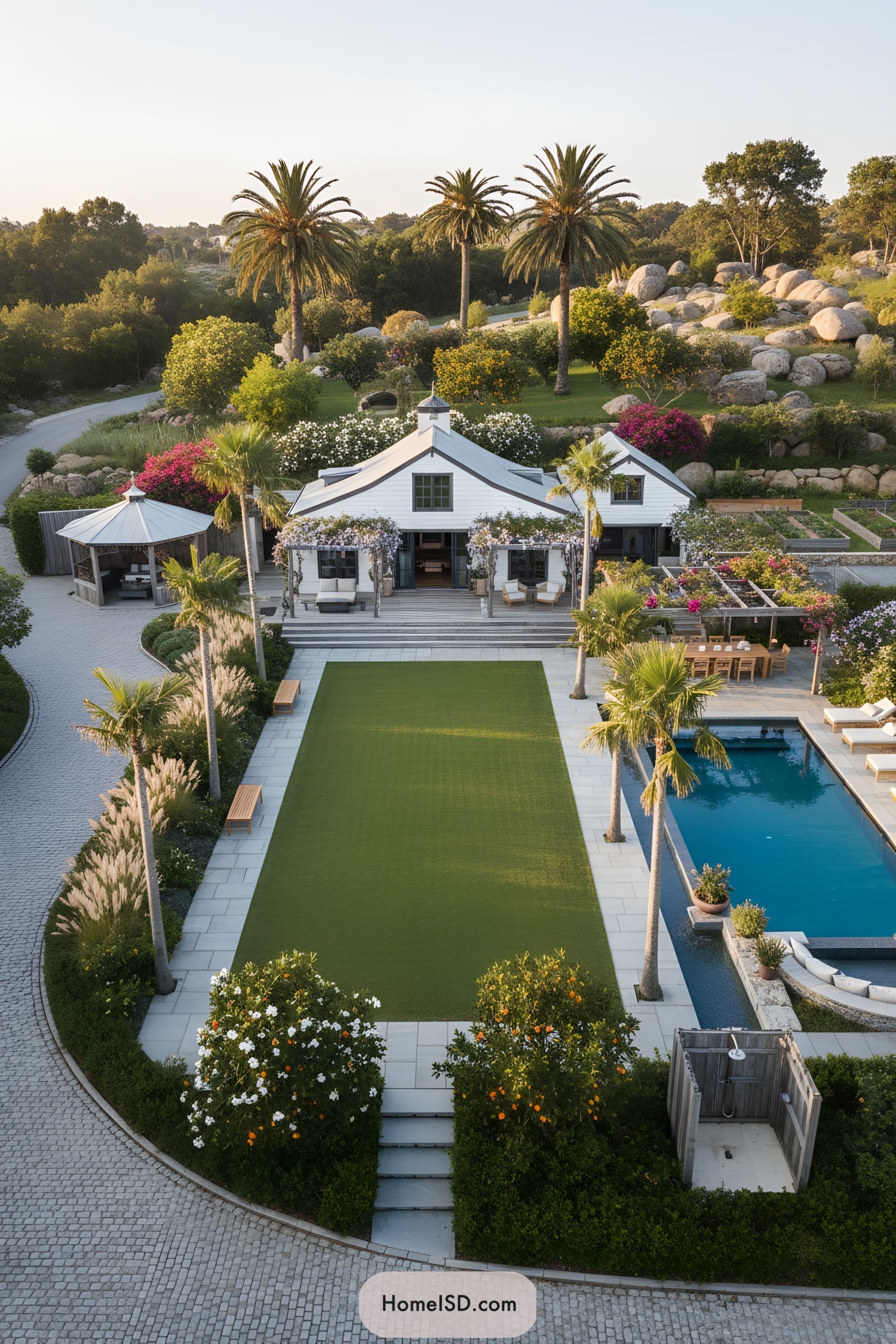 Farmhouse pool garden with long central lawn