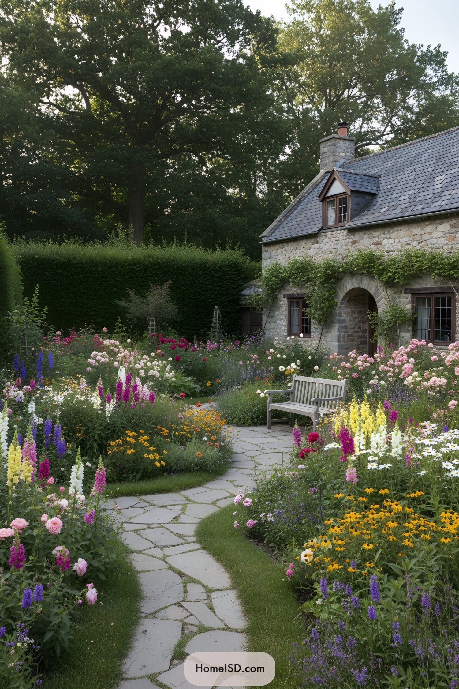 Stone cottage garden with curved stone path through dense colorful flowers and a wooden bench