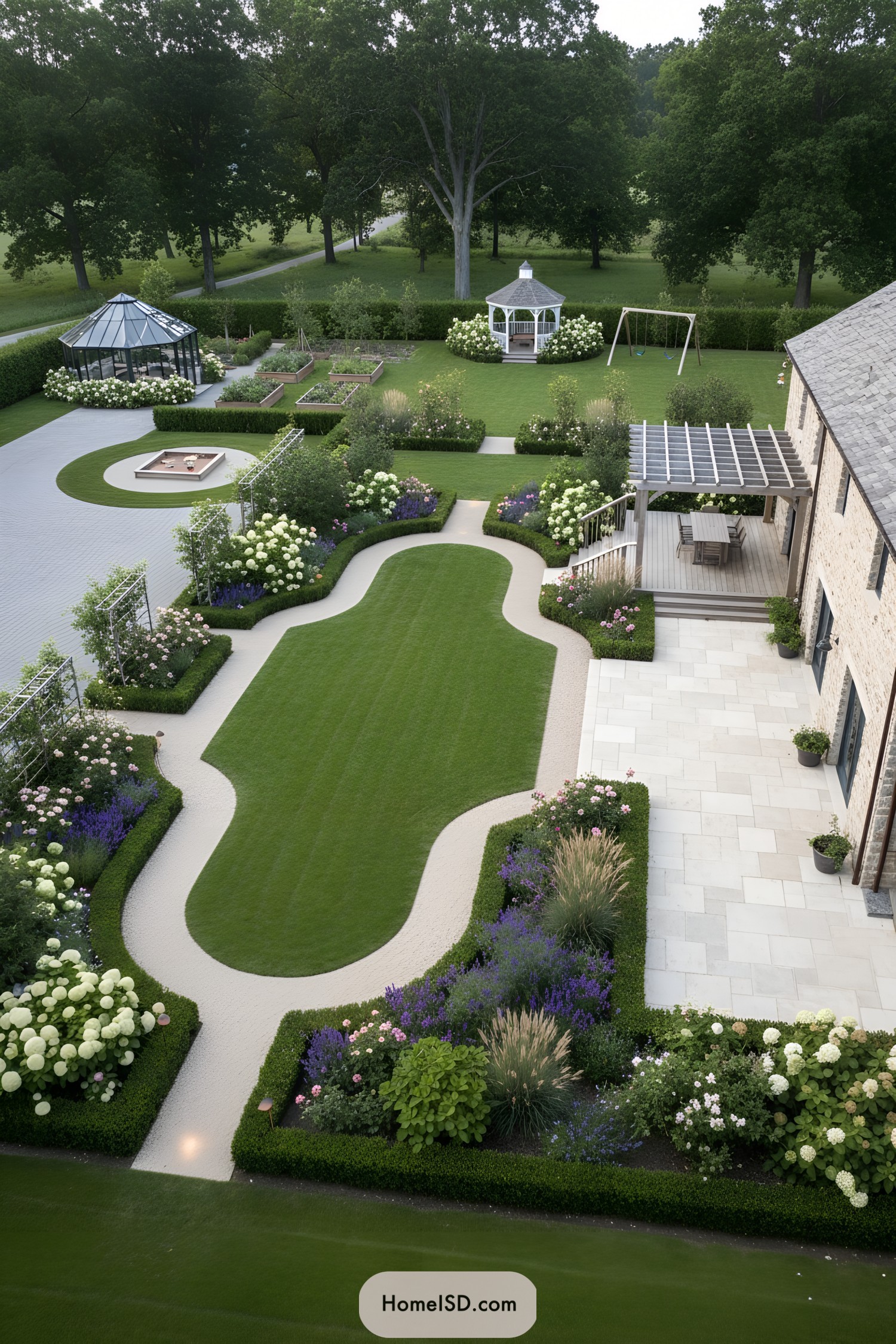 Formal farmhouse garden with curving central lawn, hedged flower borders, patio pergola, greenhouse, and gazebo