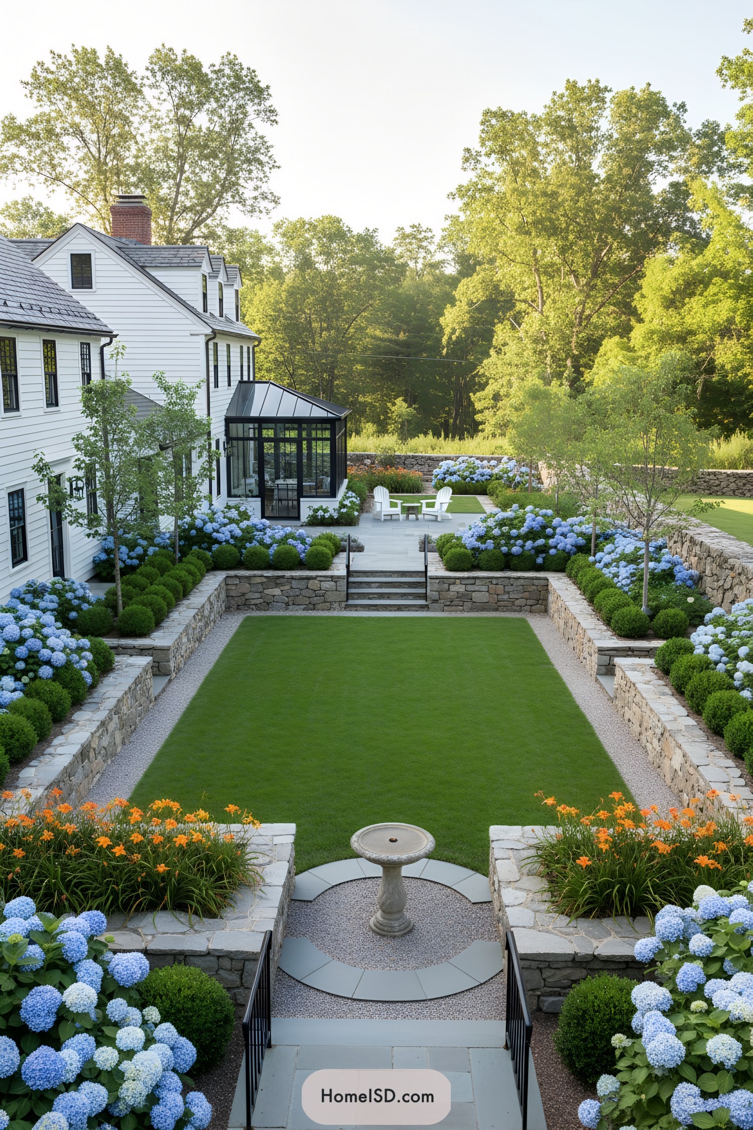 Tiered farmhouse lawn framed by stone walls and lush hydrangeas