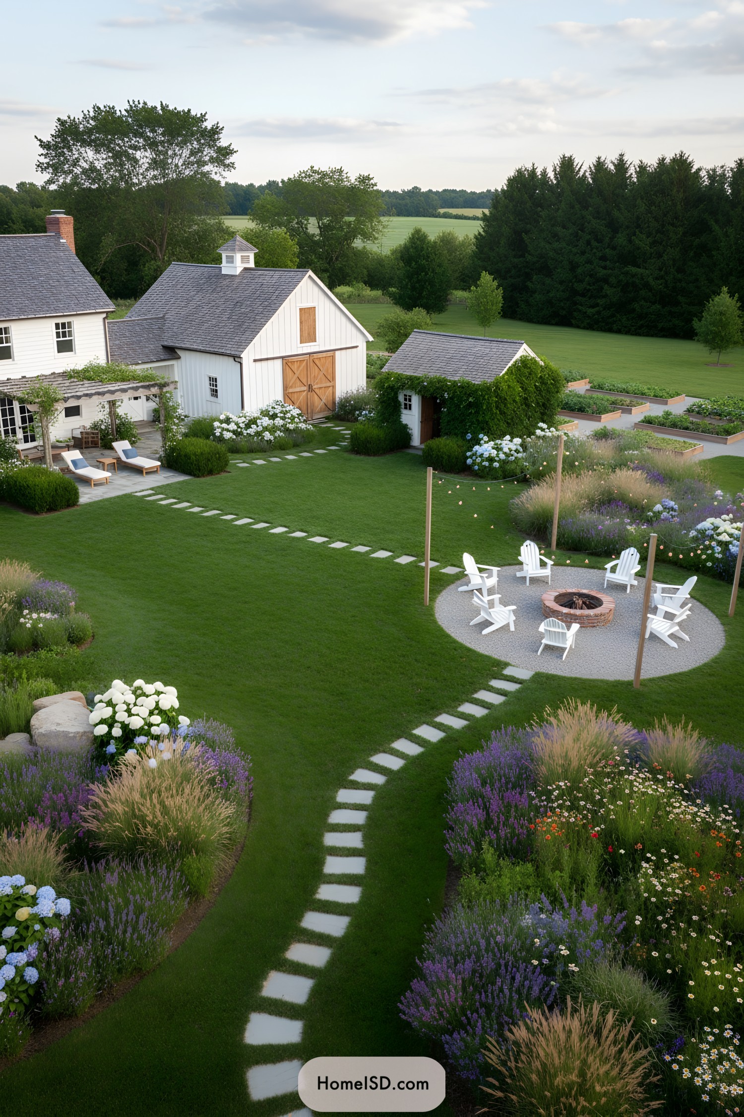 Farmhouse yard with curving paths and fire pit seating