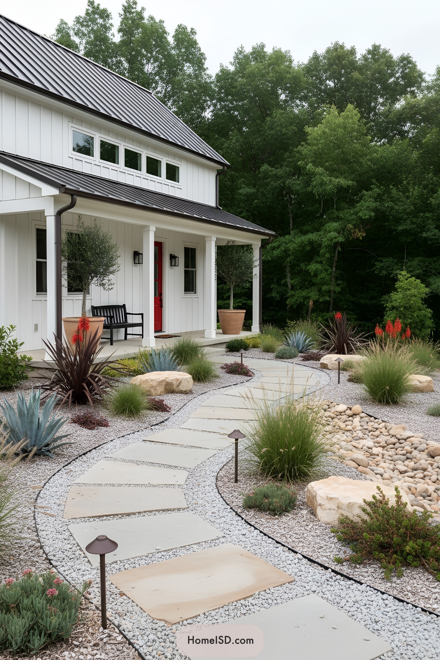 Modern white farmhouse with a curving stone-and-gravel front walkway and drought-tolerant plantings