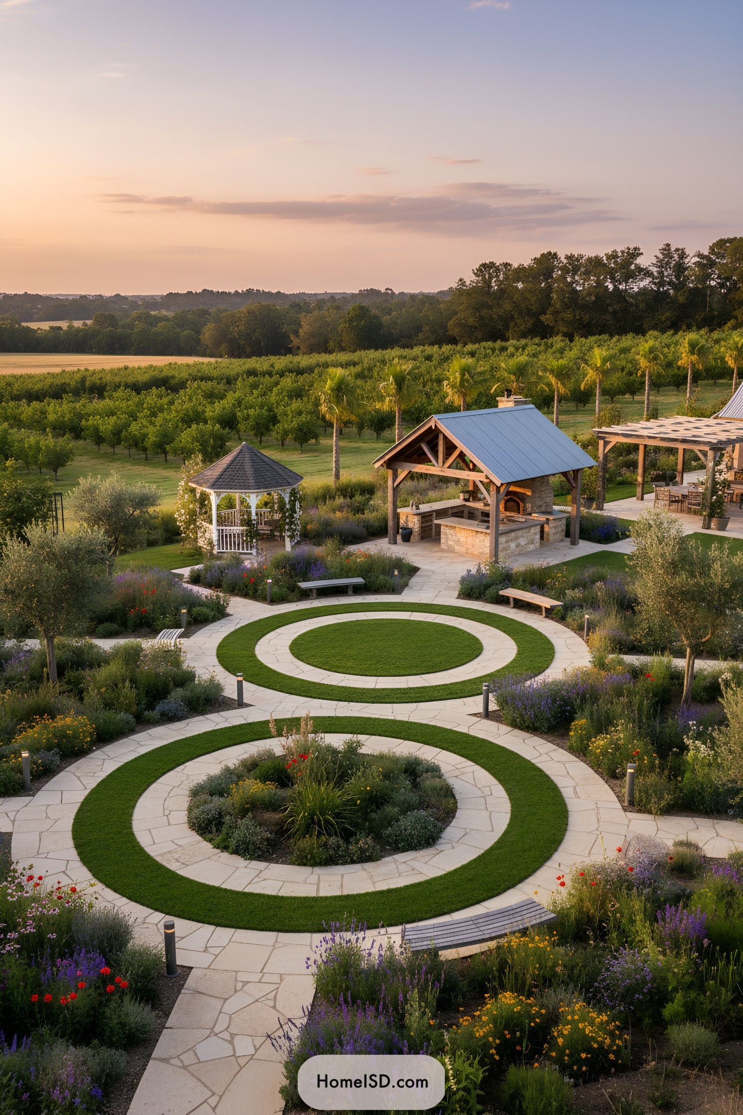 Circular stone paths and lawn rings in a colorful farmhouse garden with gazebos and pavilions