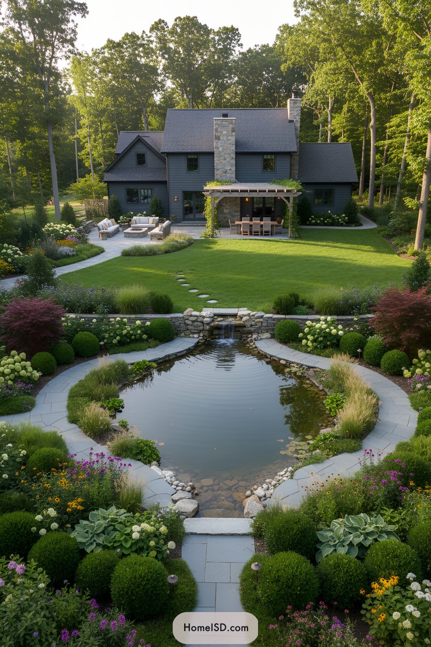 Modern farmhouse backyard featuring a circular pond, stone paths, and layered plantings
