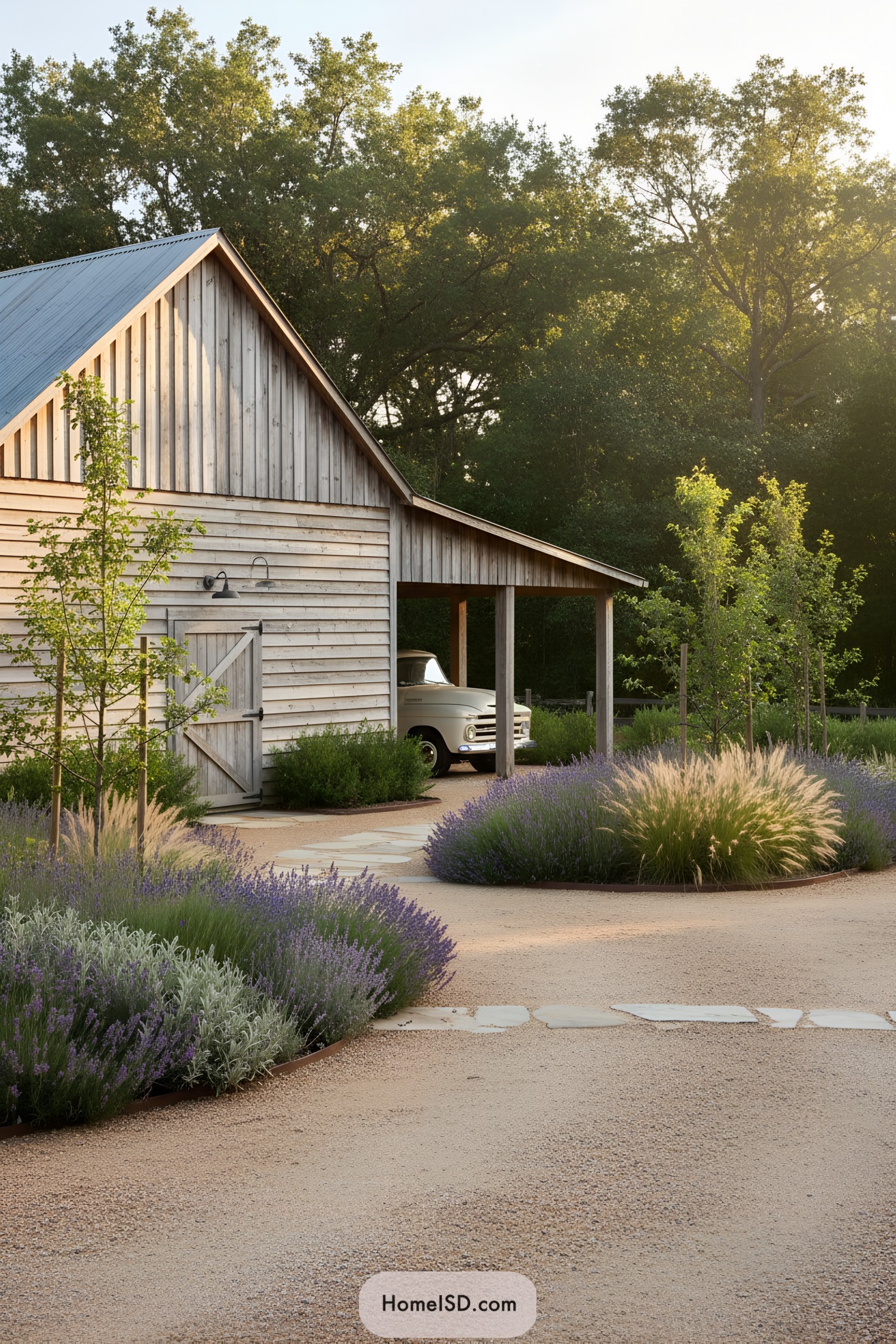 Wood barn beside vintage truck and lavender-lined gravel drive