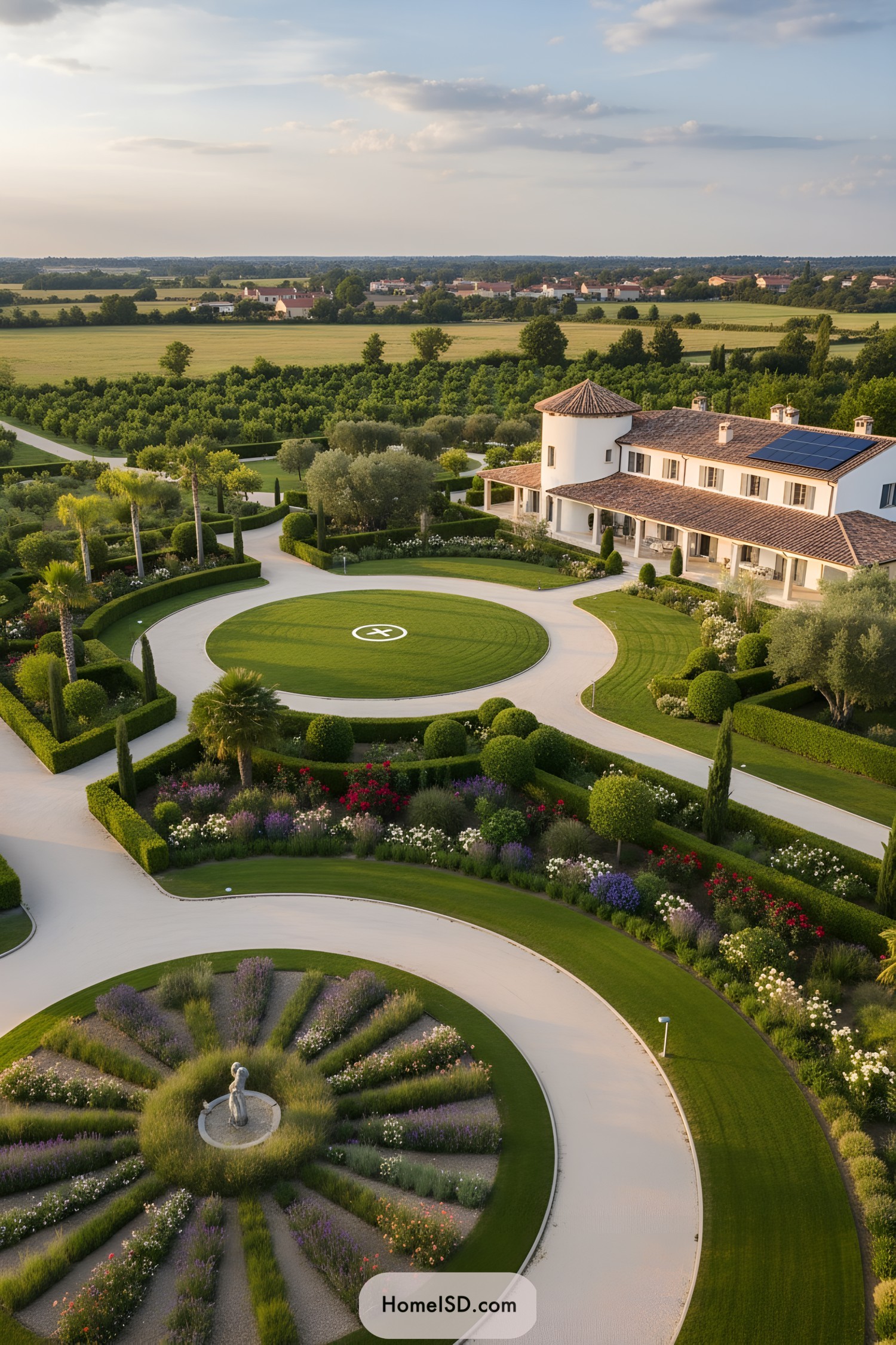 Aerial view of a grand farmhouse with circular drives and formal flower gardens