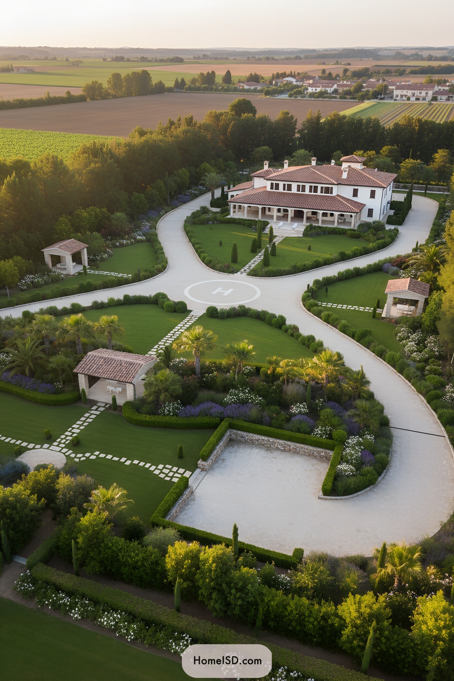 Aerial view of farmhouse estate with formal lawns and circular drives