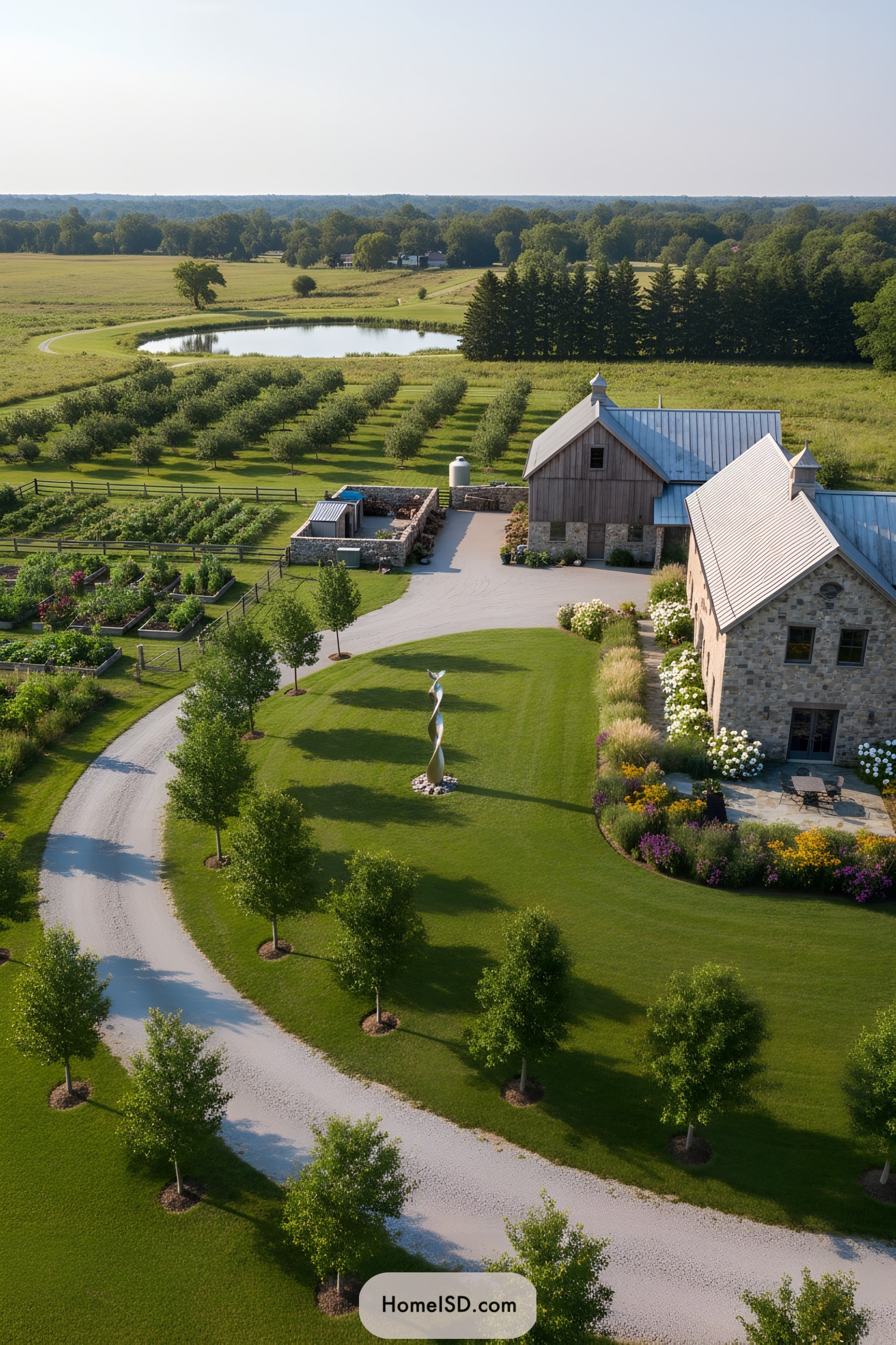 Aerial view of farmhouse landscape with orchards