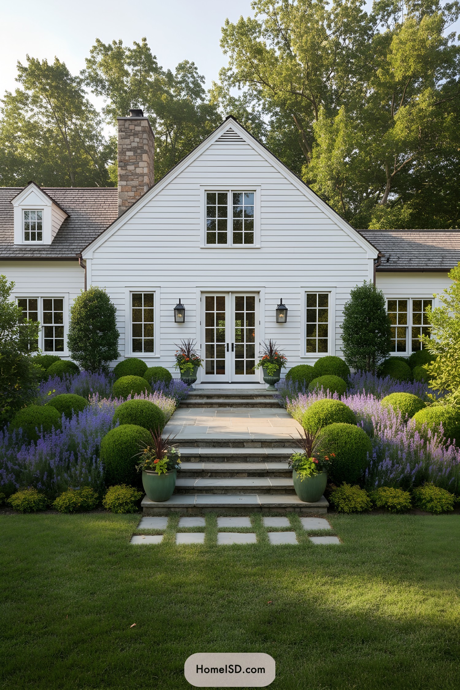 White farmhouse with tiered stone steps flanked by sculpted shrubs and lavender borders