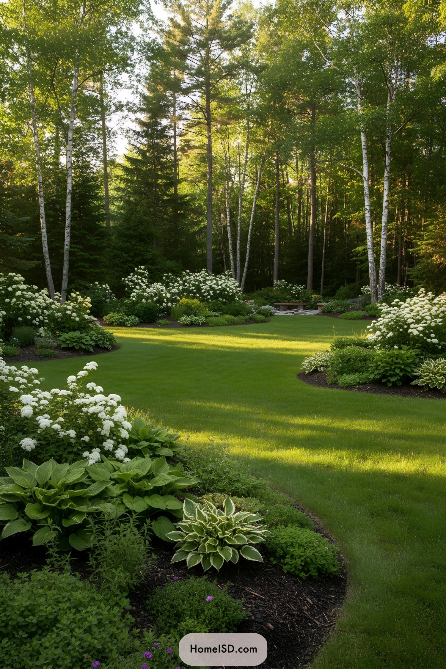 Curved lawn bordered by birch trees and flowering shrubs
