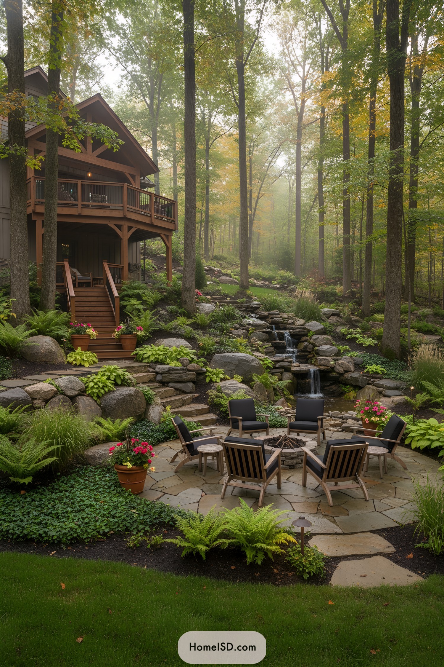 Forest patio with fire pit and waterfall