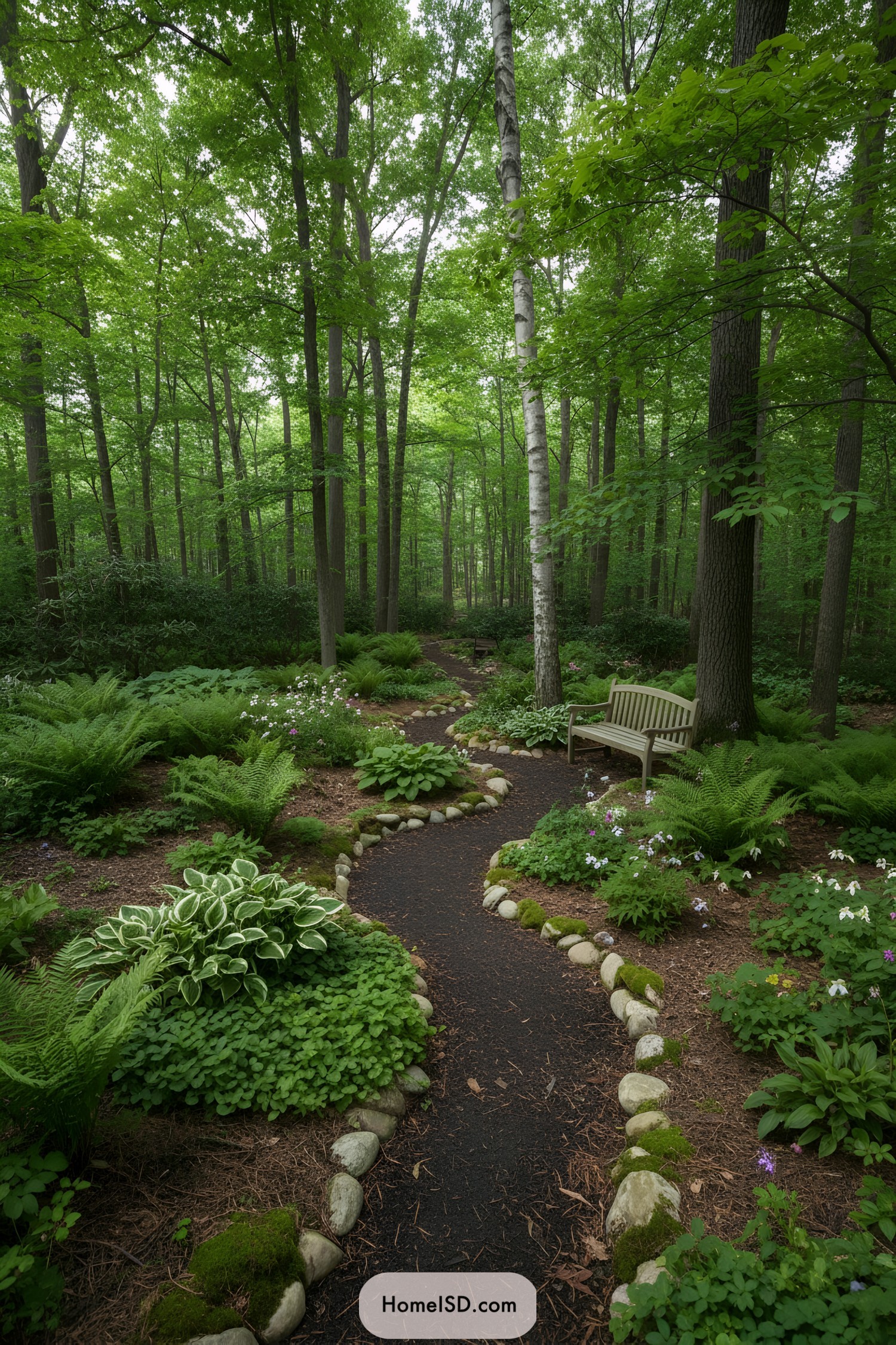 Curving forest path with bench and ferns