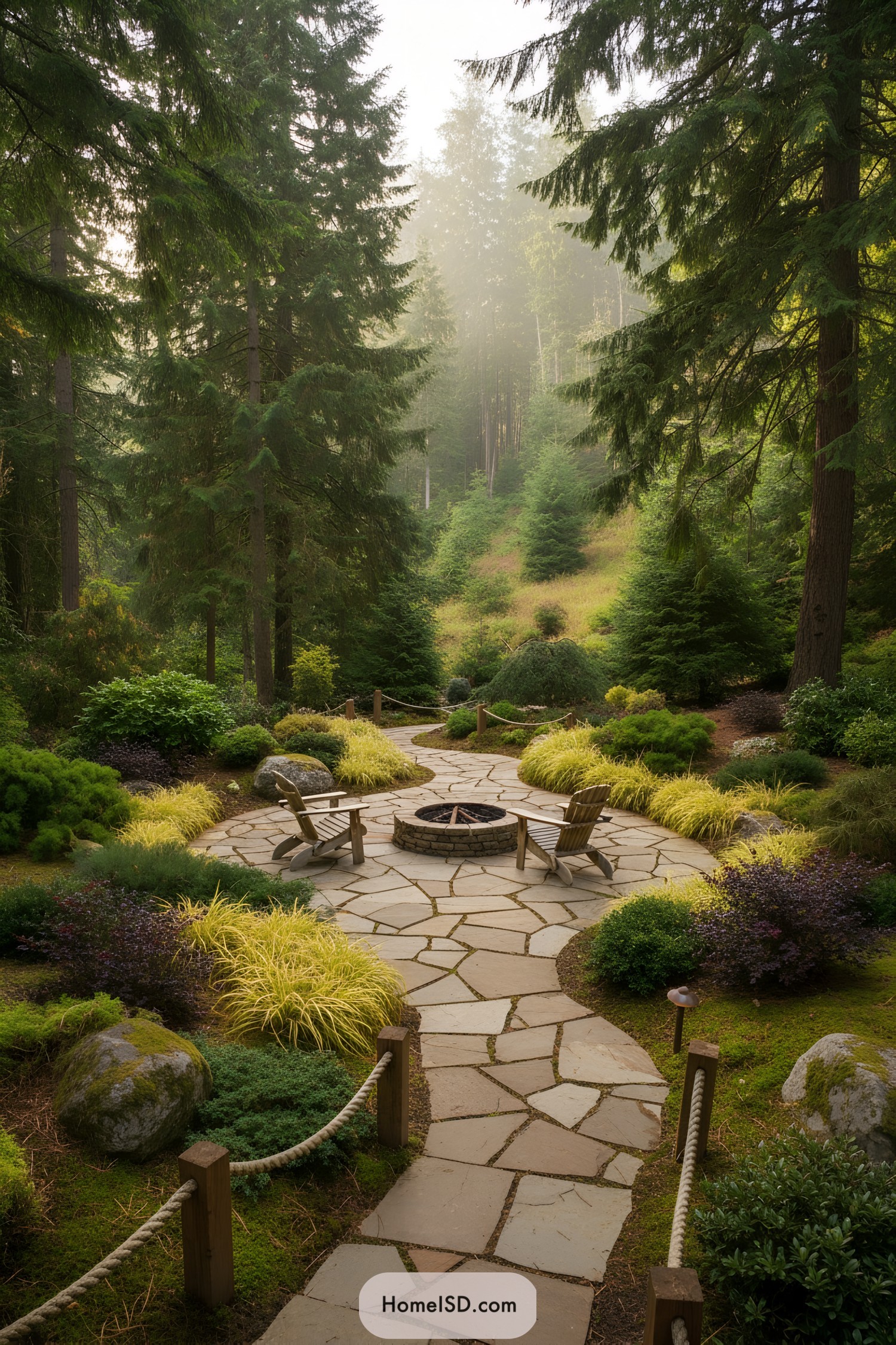 Flagstone path to fire pit among evergreens
