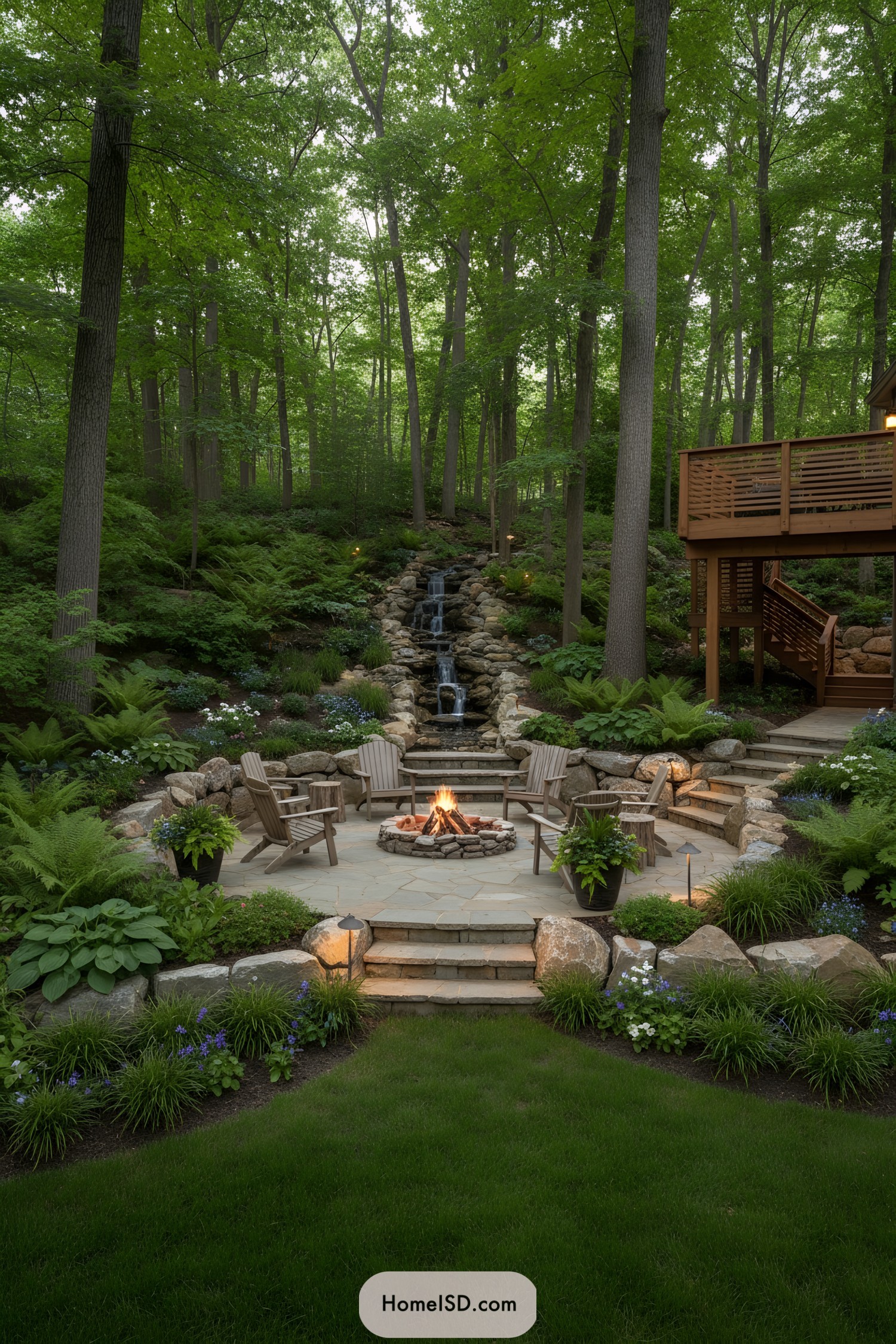 Stone patio with fire pit and waterfall surrounded by lush woodland plantings