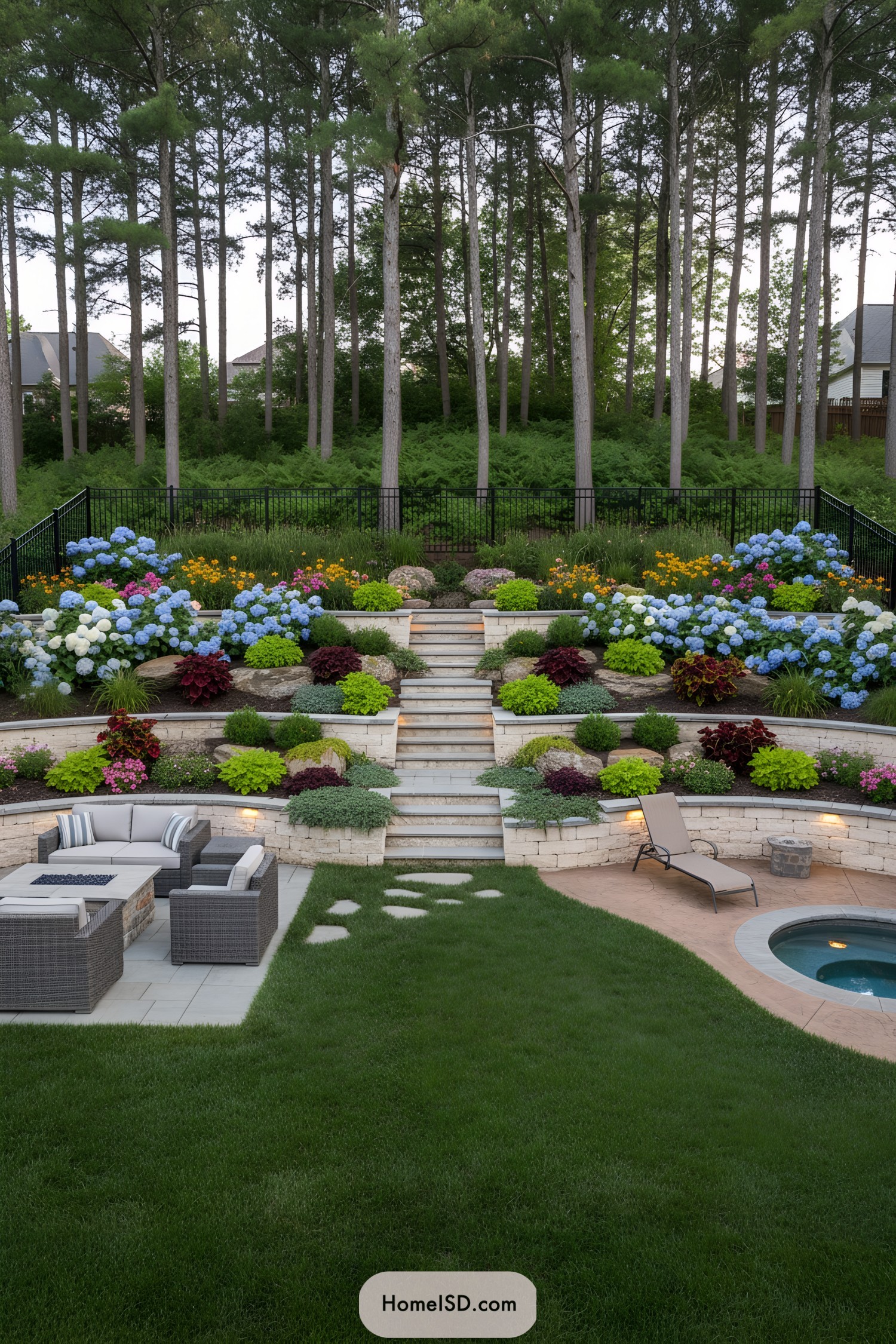 Tiered garden with stone steps and hydrangeas