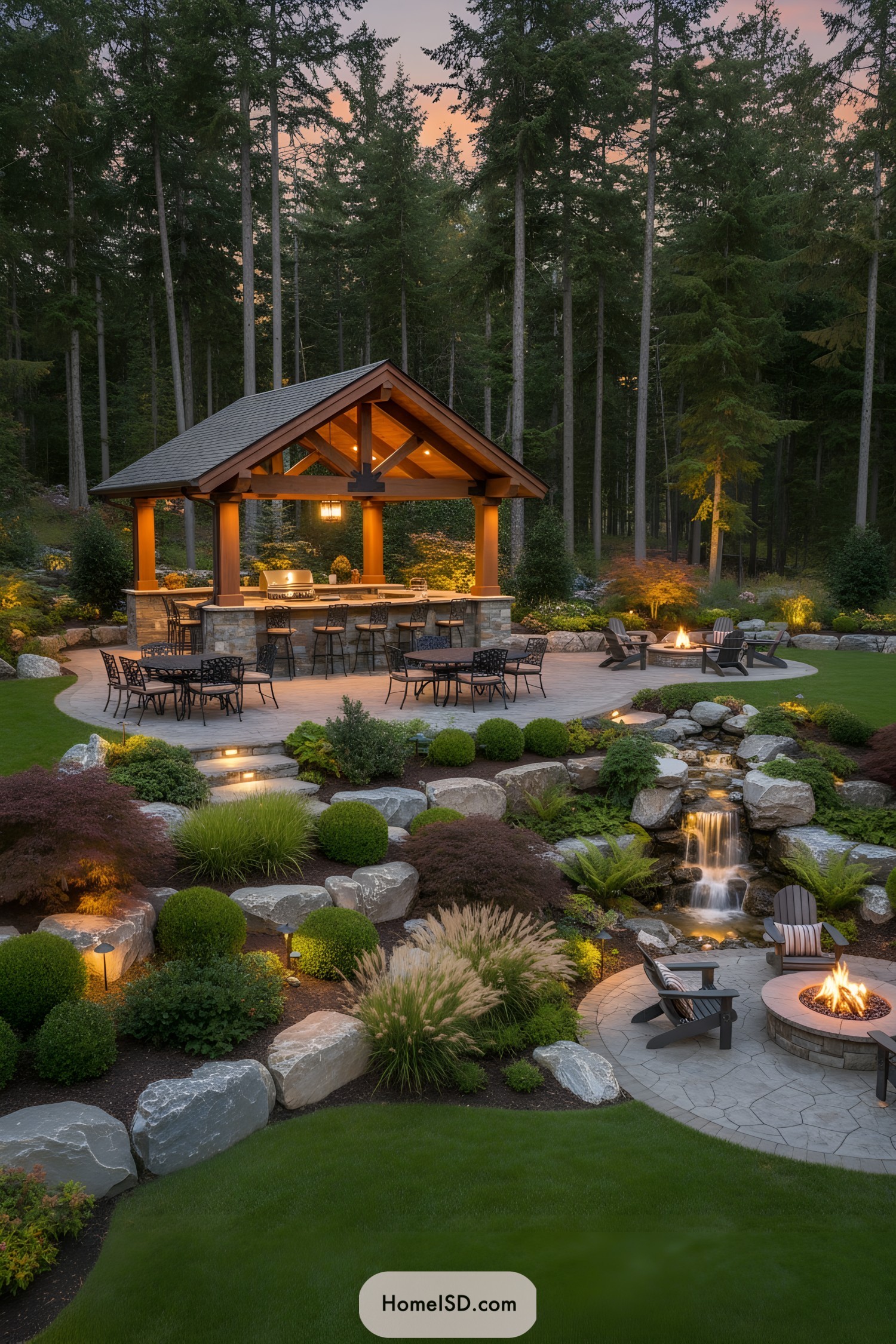 Forest patio with pavilion waterfall and firepit
