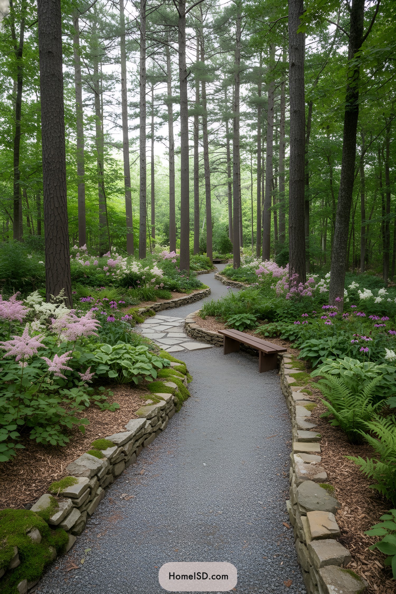 Curving gravel path through pines and blooms