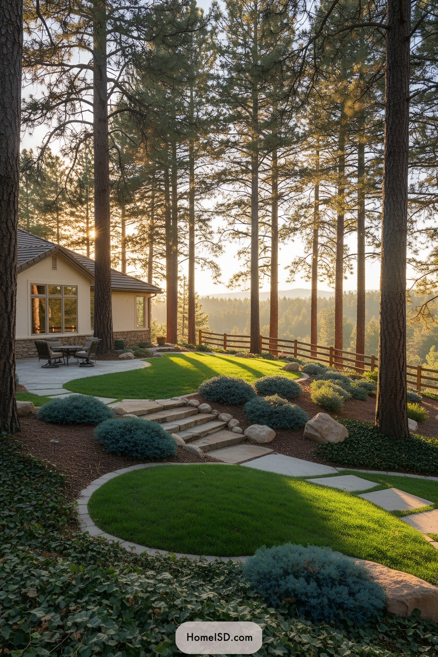 Sunlit forest yard with terraced lawn and stone steps