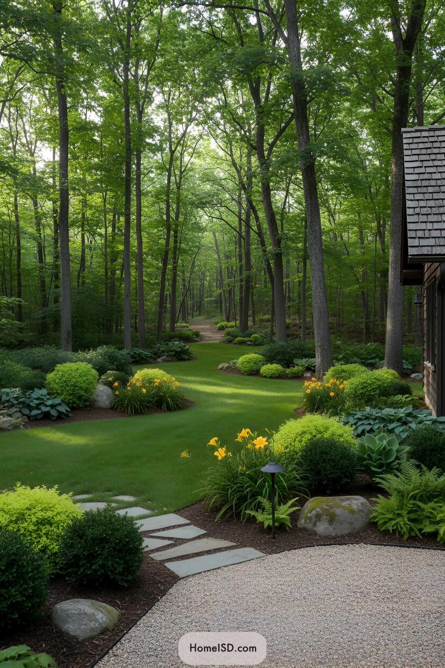 Lush forest yard with curving lawn path and yellow blooms