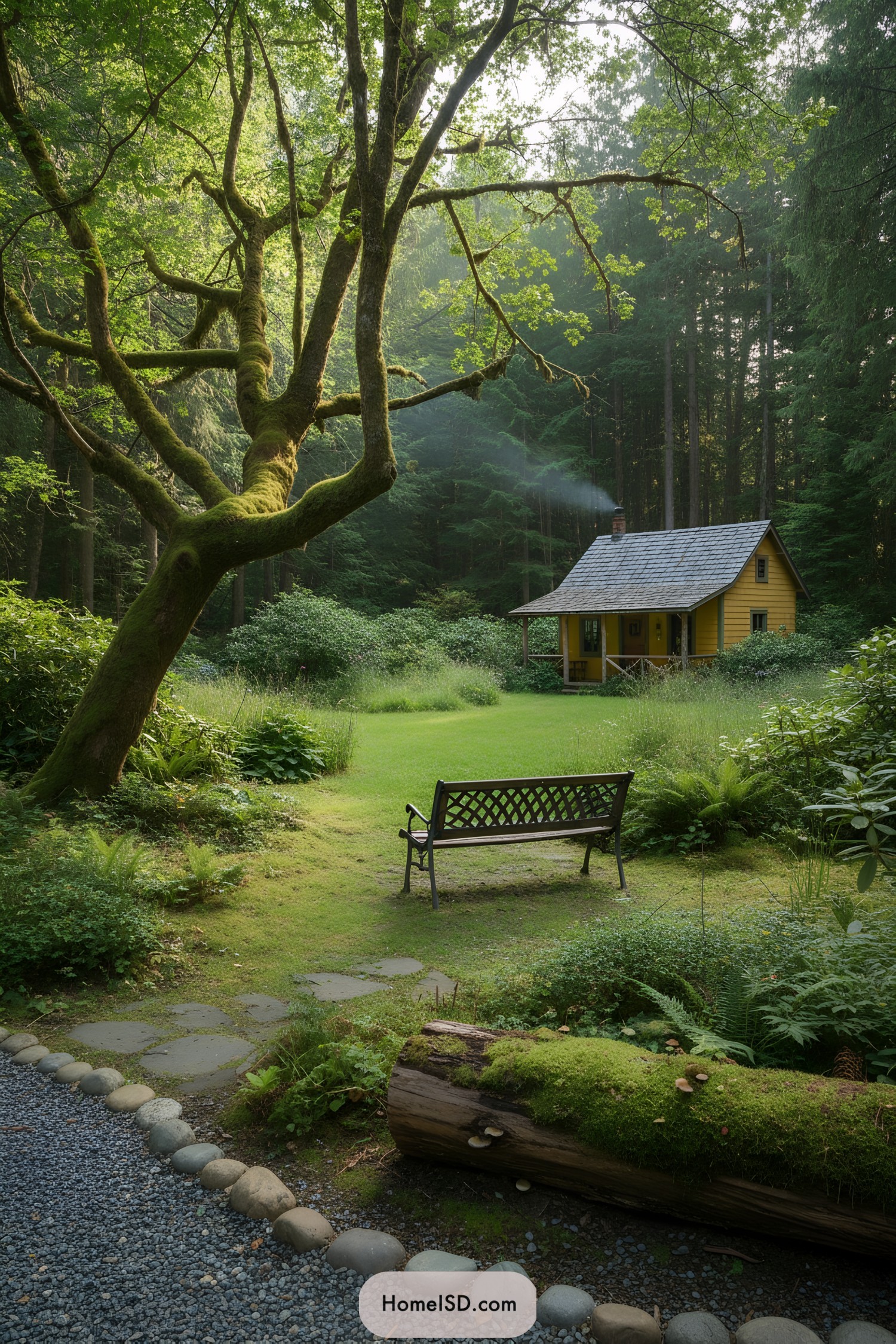 Yellow forest cottage with mossy lawn bench