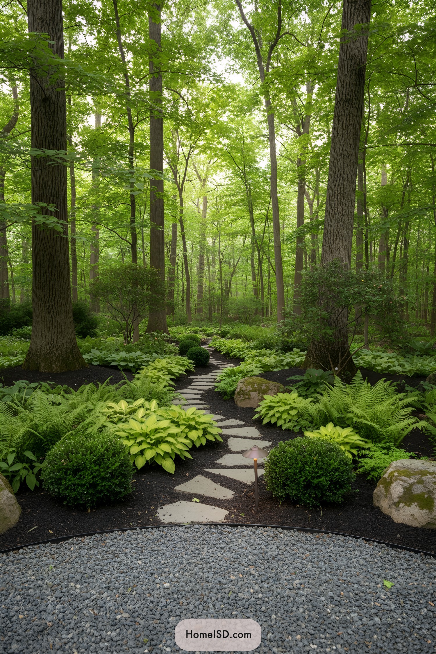 Stone path through lush forest garden with ferns and hostas