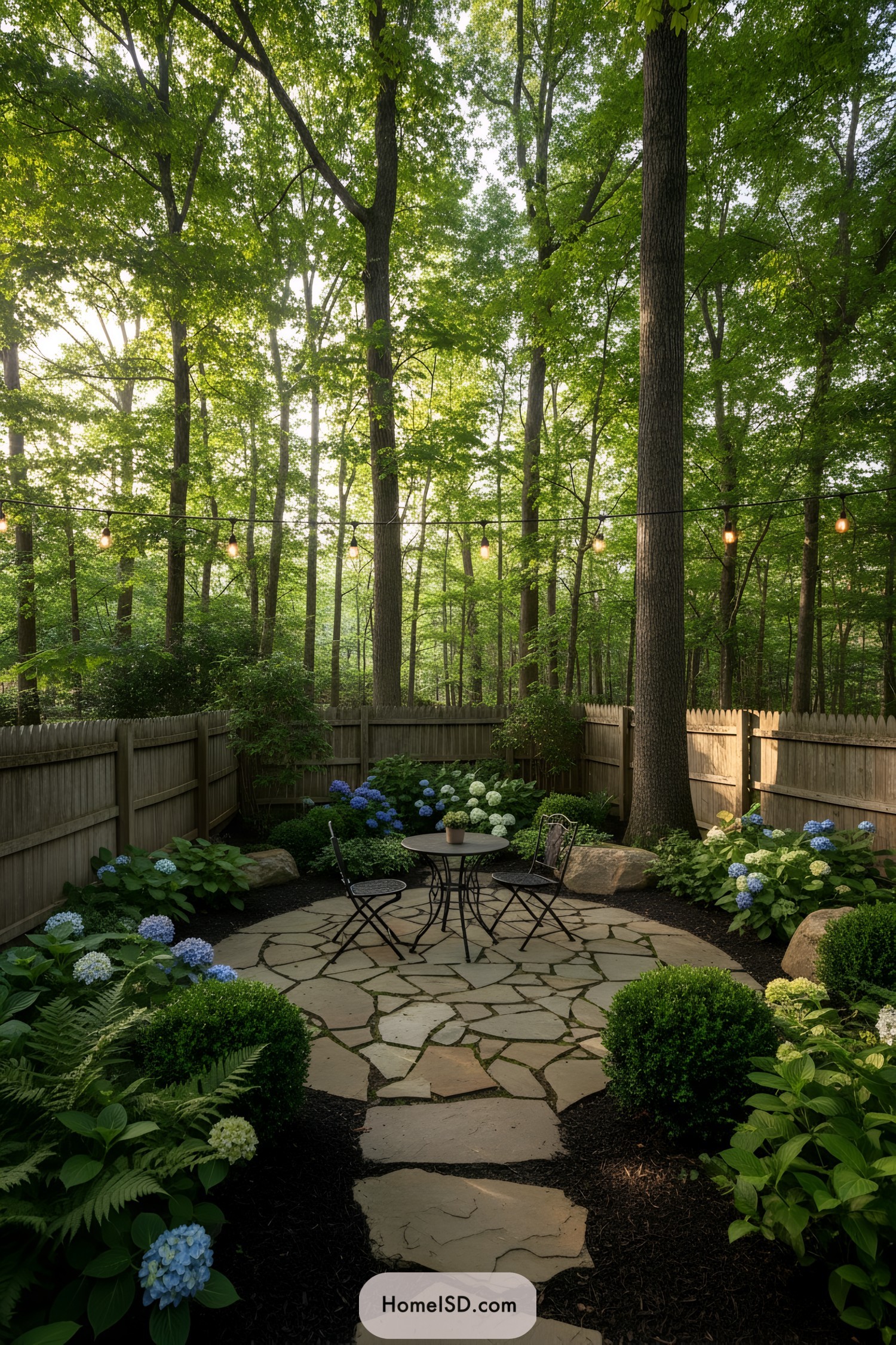 Cozy stone patio in forest yard