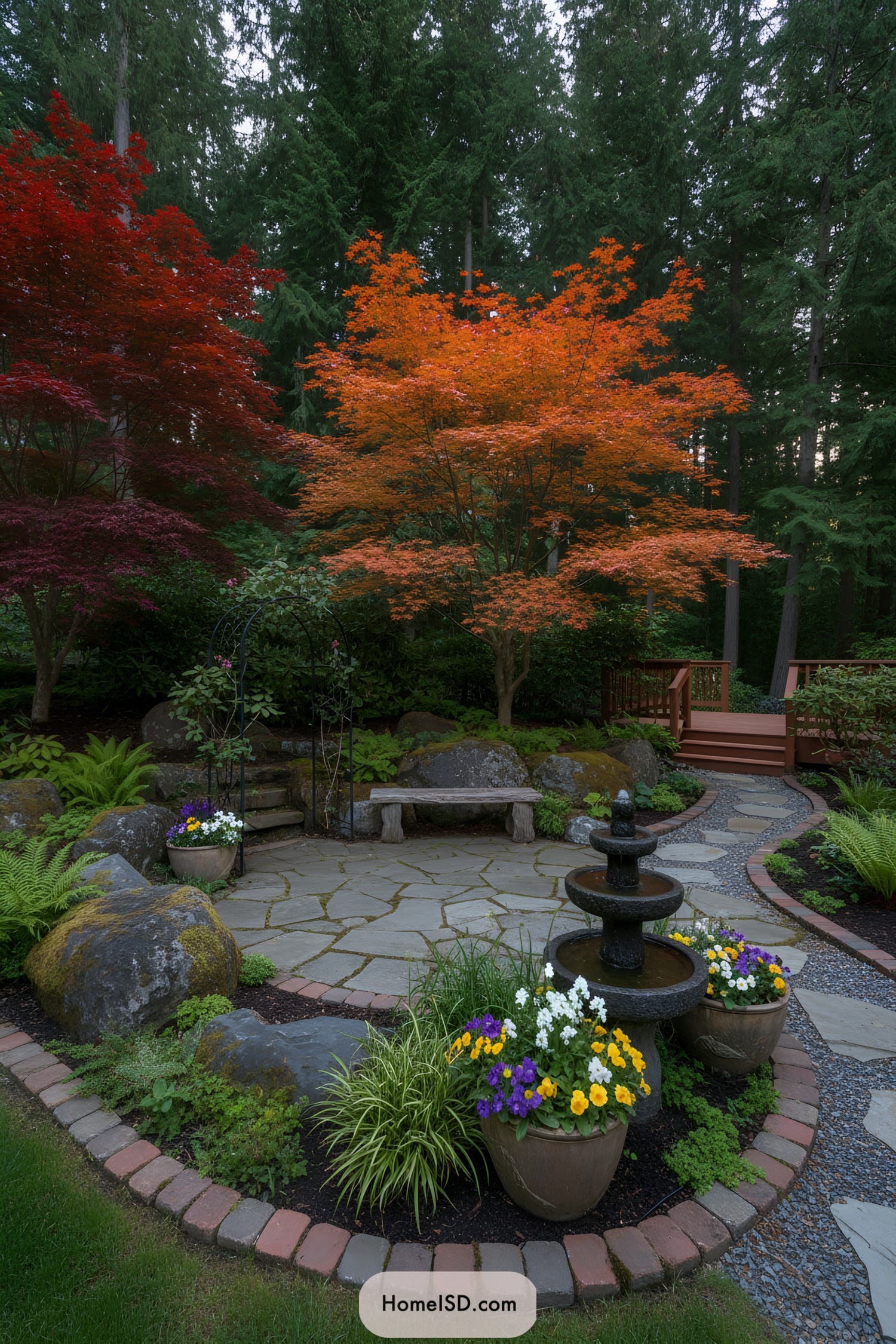 Stone patio with tiered fountain amid maples and ferns