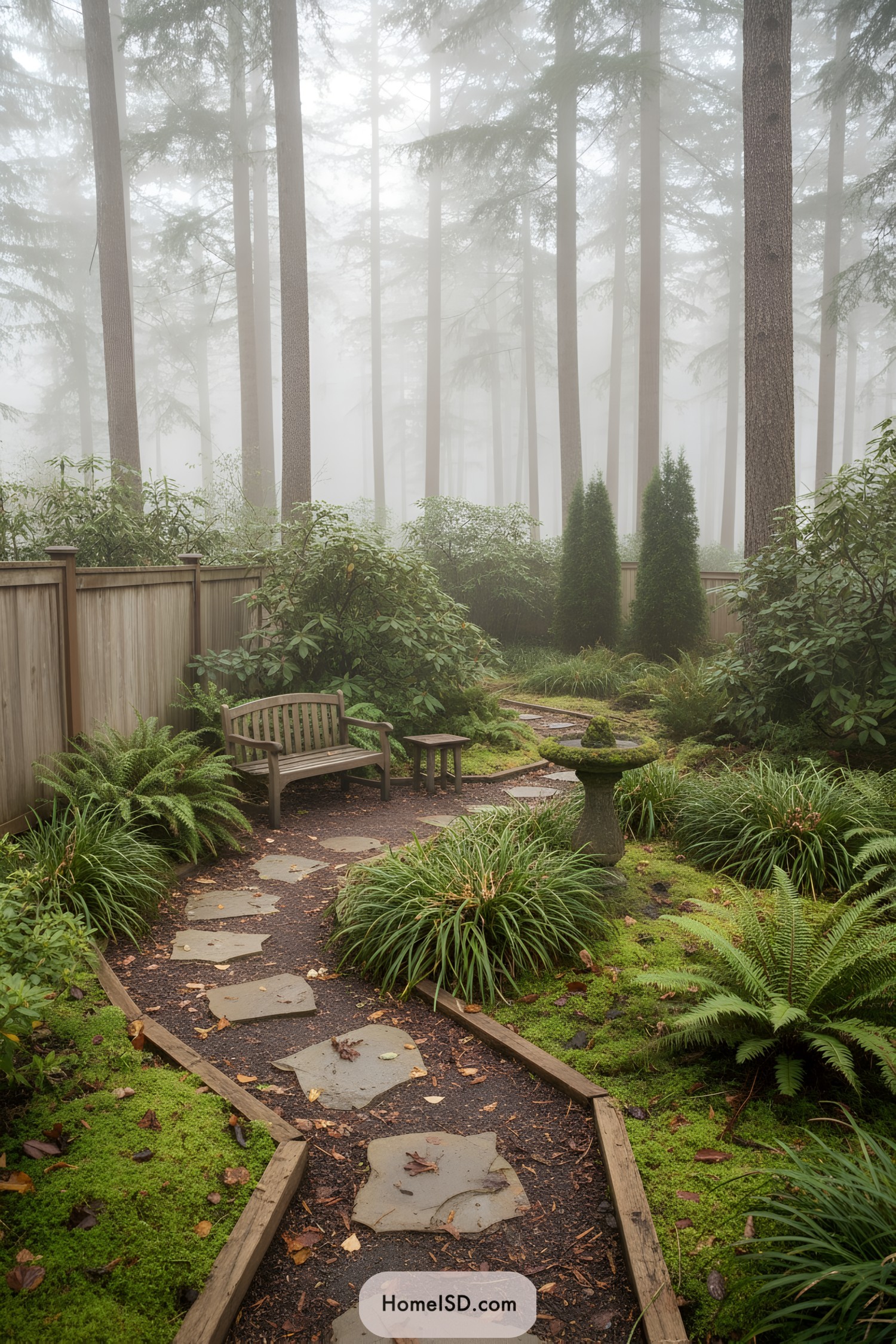 Woodland garden with stone path bench and moss