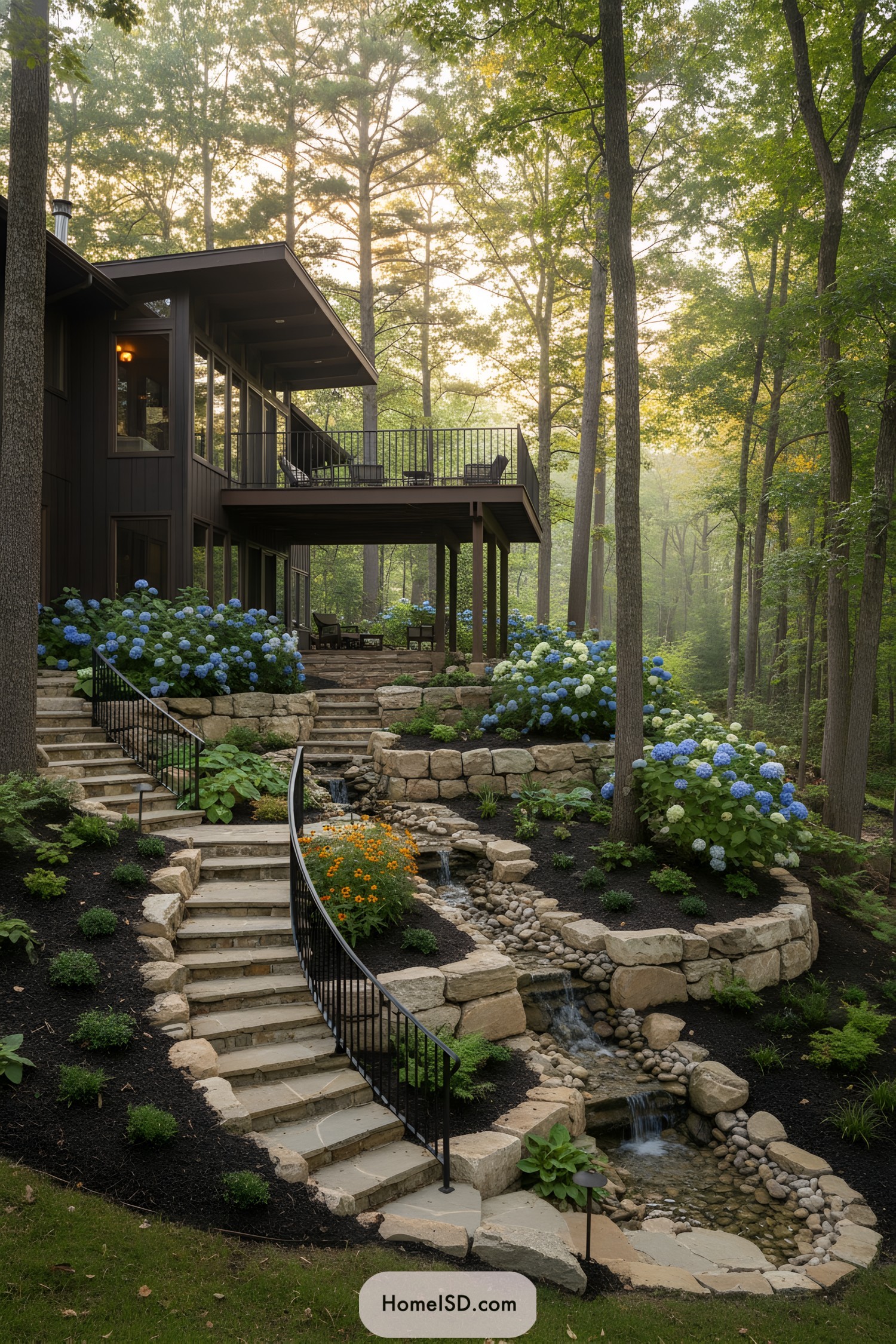 Tiered stone steps with stream and hydrangeas