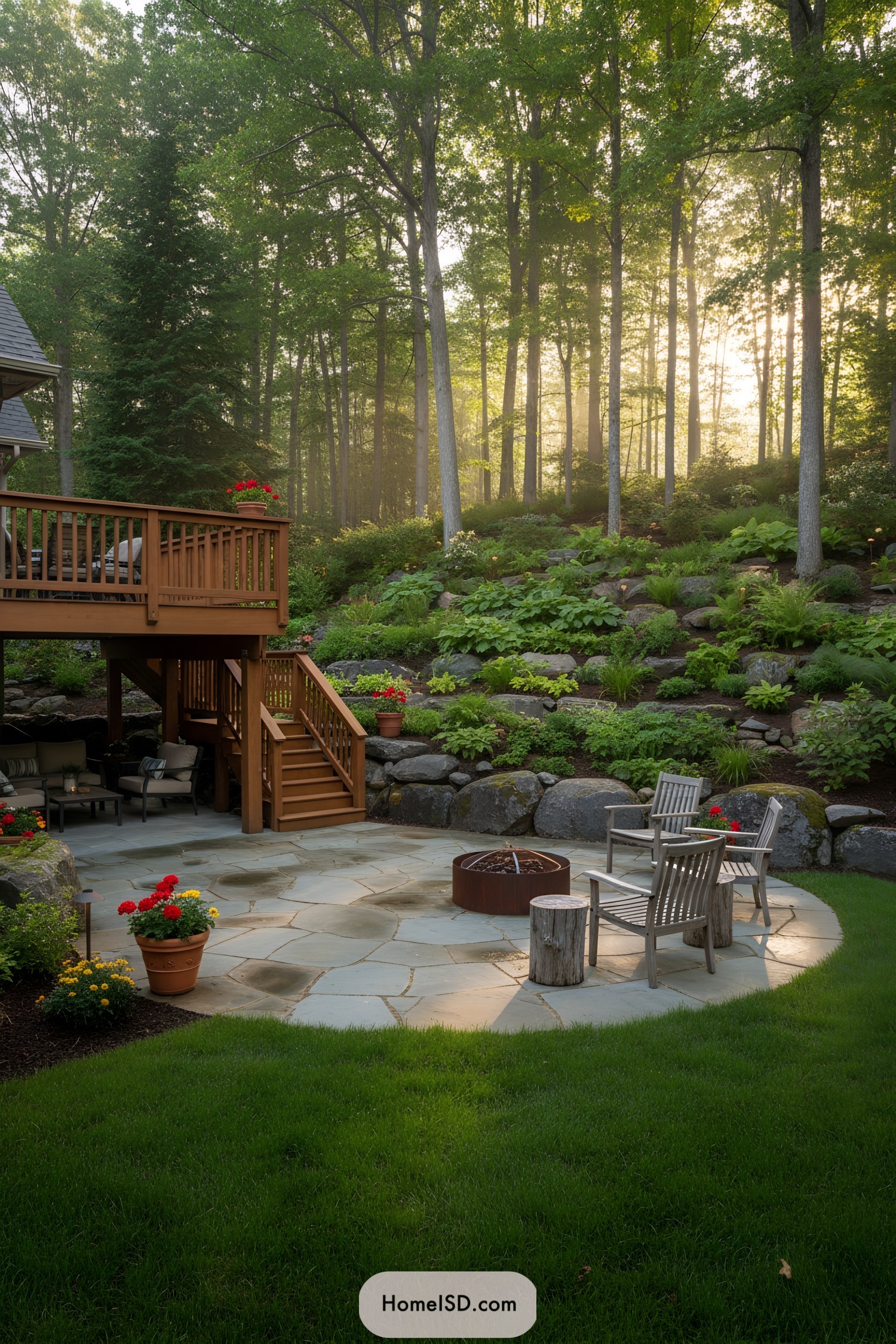 Stone patio with fire pit beside terraced forest slope and wood deck