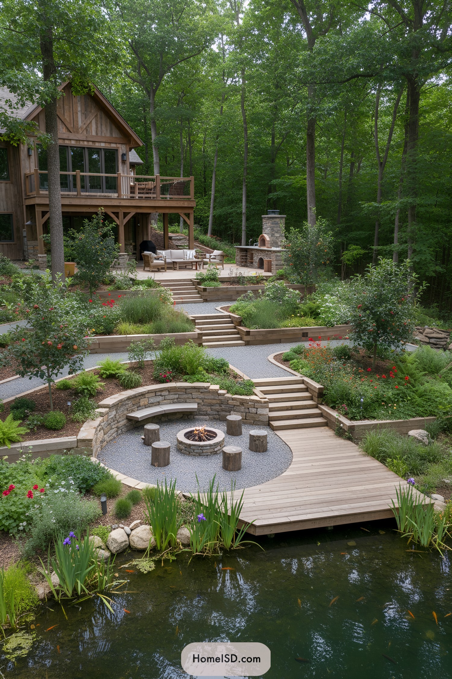 Terraced forest yard with pond boardwalk, curved gravel paths, and a stone fire pit