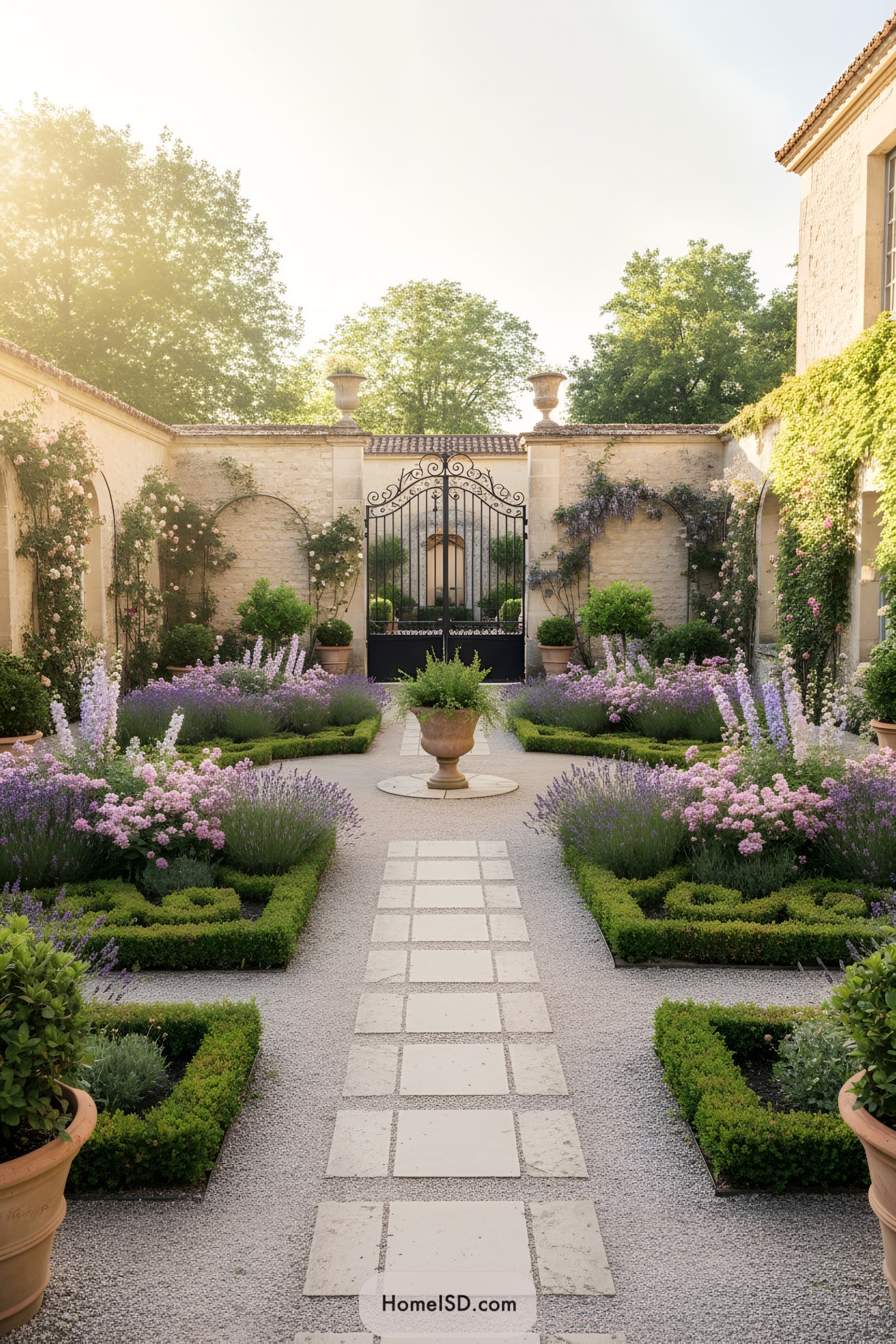Formal walled courtyard with clipped boxwood beds, lavender drifts, and a central urn along a stone path