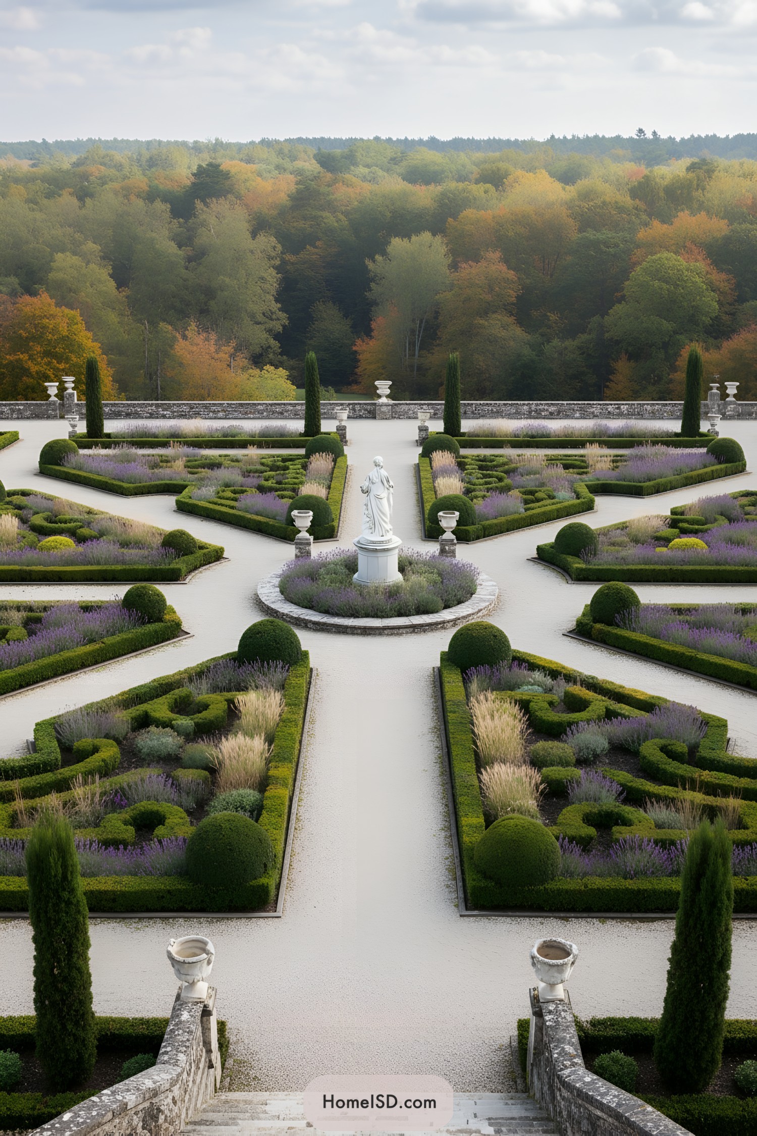 Formal French parterre garden with central statue and lavender beds