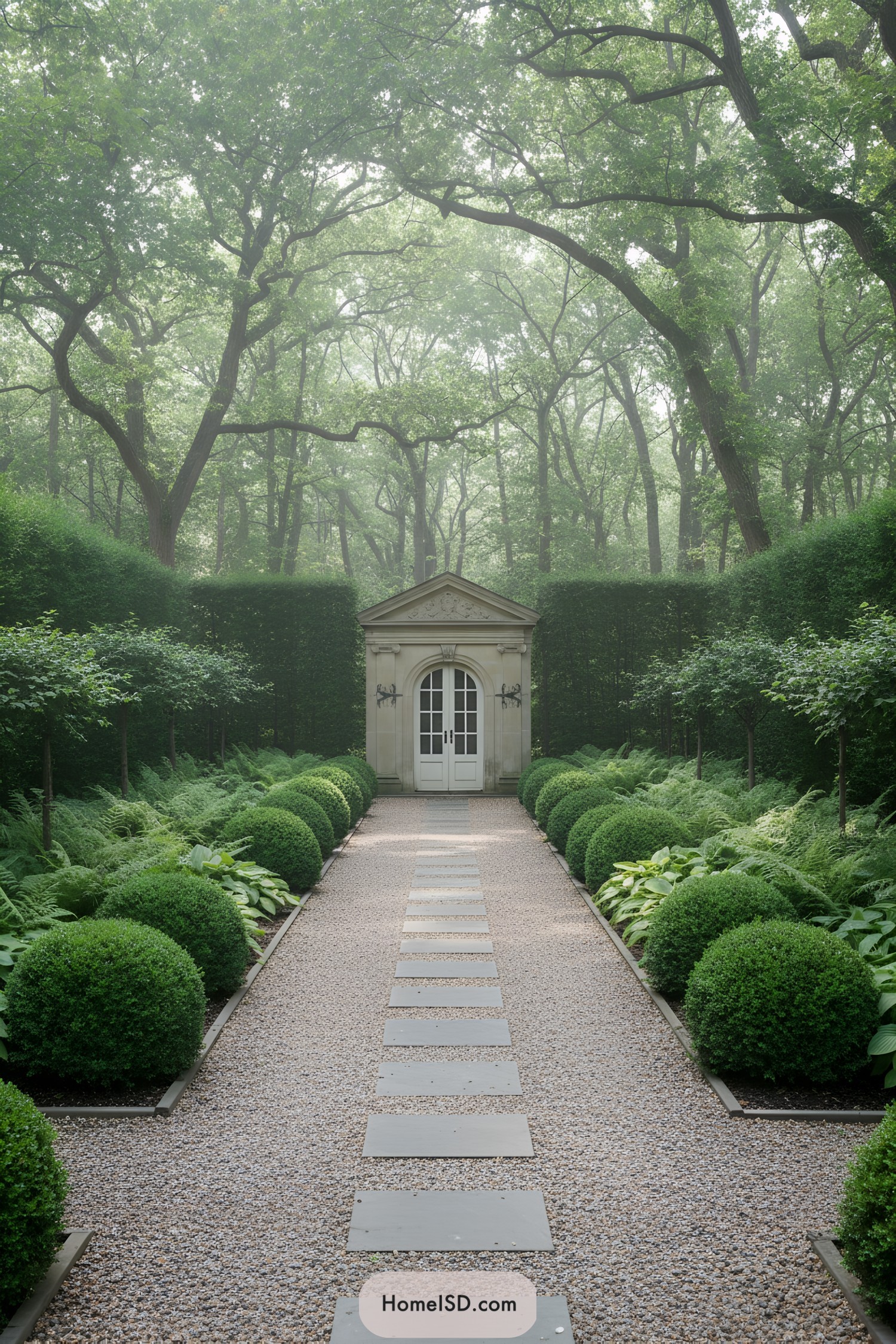 Gravel path lined with clipped boxwoods leading to a classical garden pavilion framed by tall hedges and forest
