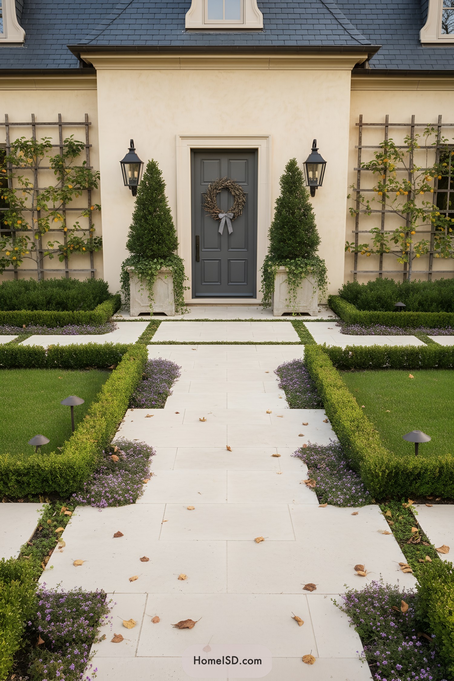 Formal front garden with boxwood parterres and stone path leading to gray door