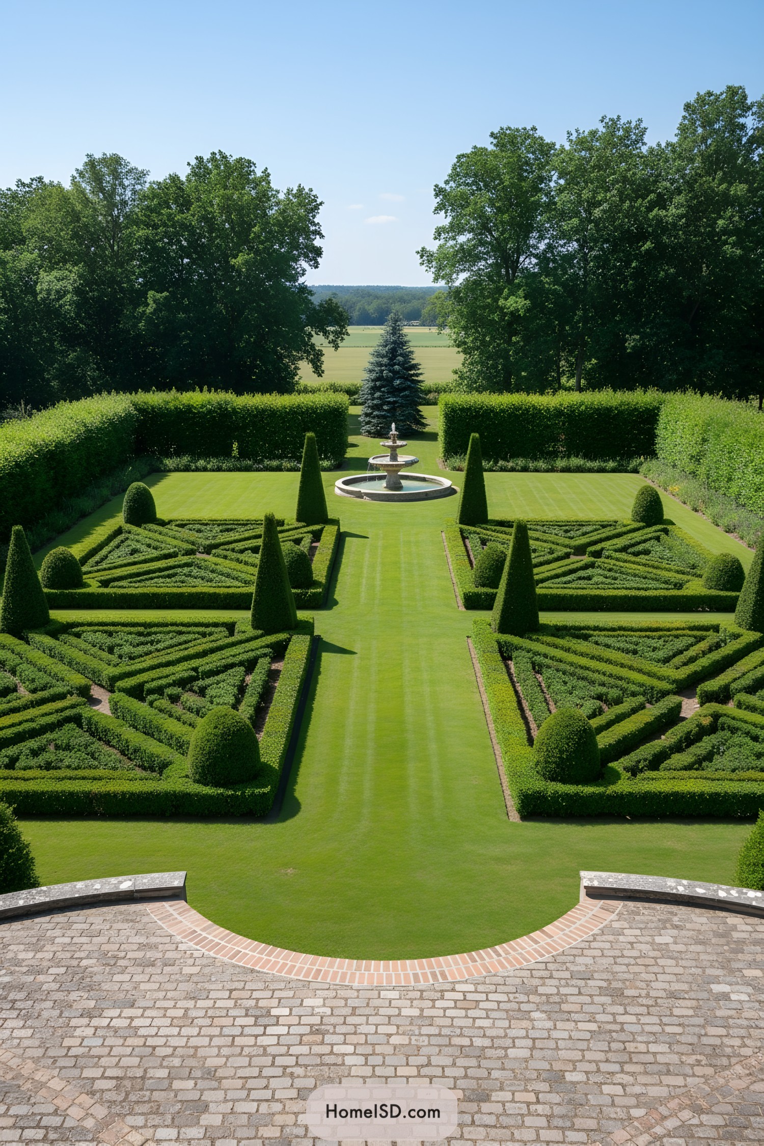 Symmetrical boxwood parterre garden with fountain